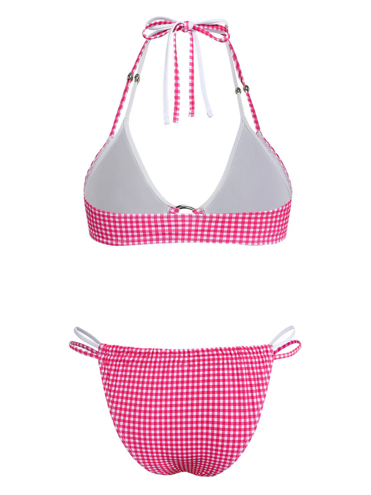 Pink 1950s Gingham Halter Double Layer Bikini Set - Image 3