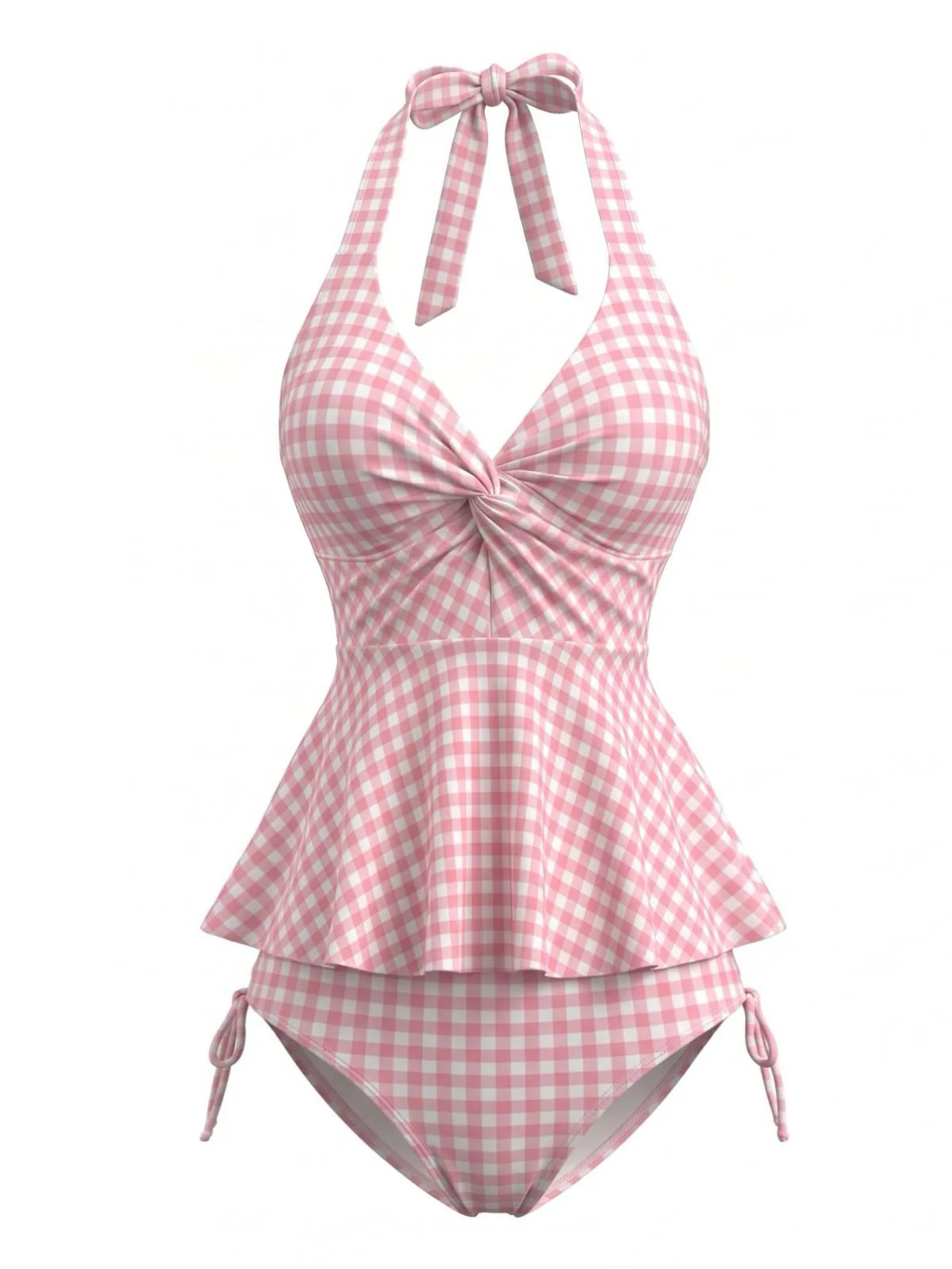 Pink 1950s Gingham Halter Ruffled Tankini Set
