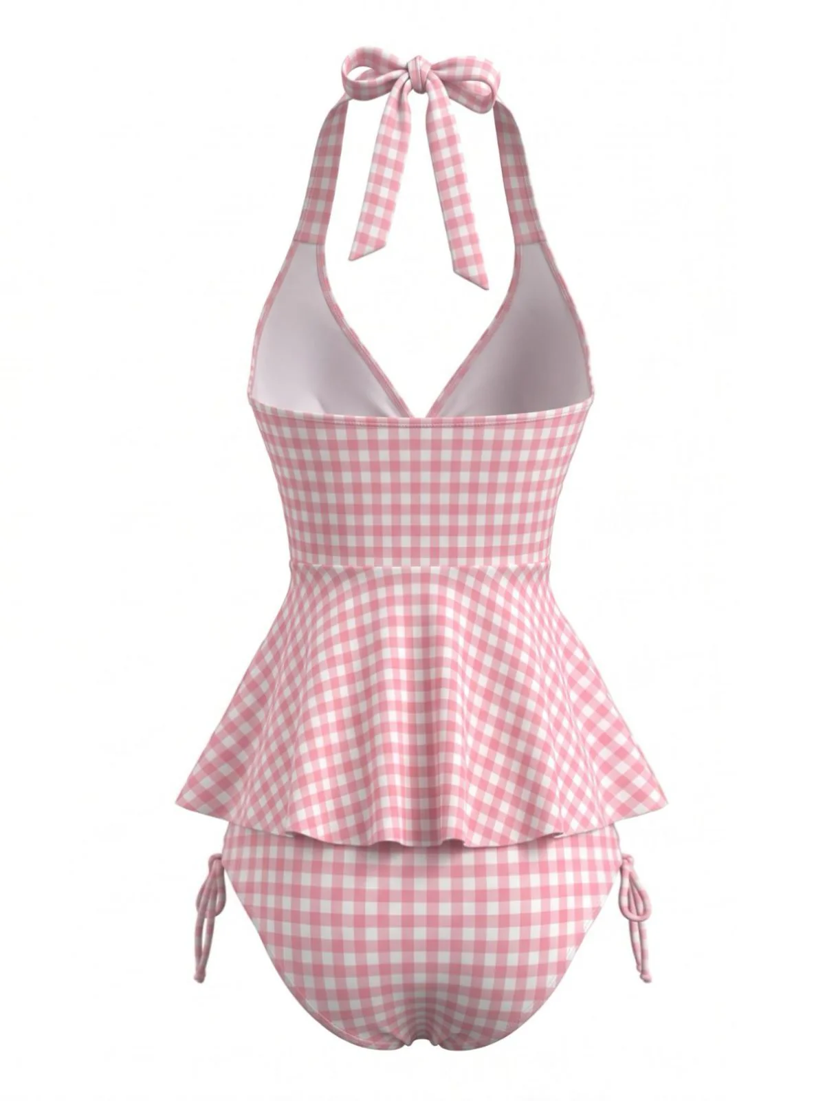 Pink 1950s Gingham Halter Ruffled Tankini Set - Image 2
