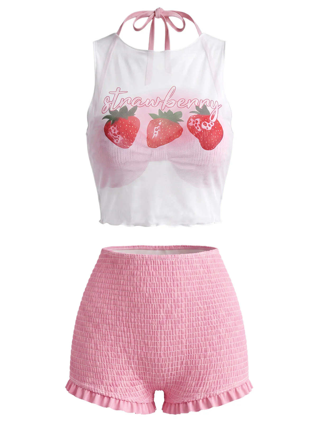 Pink 1950s Halter Smocked Bikini Set & Strawberry Cover Top