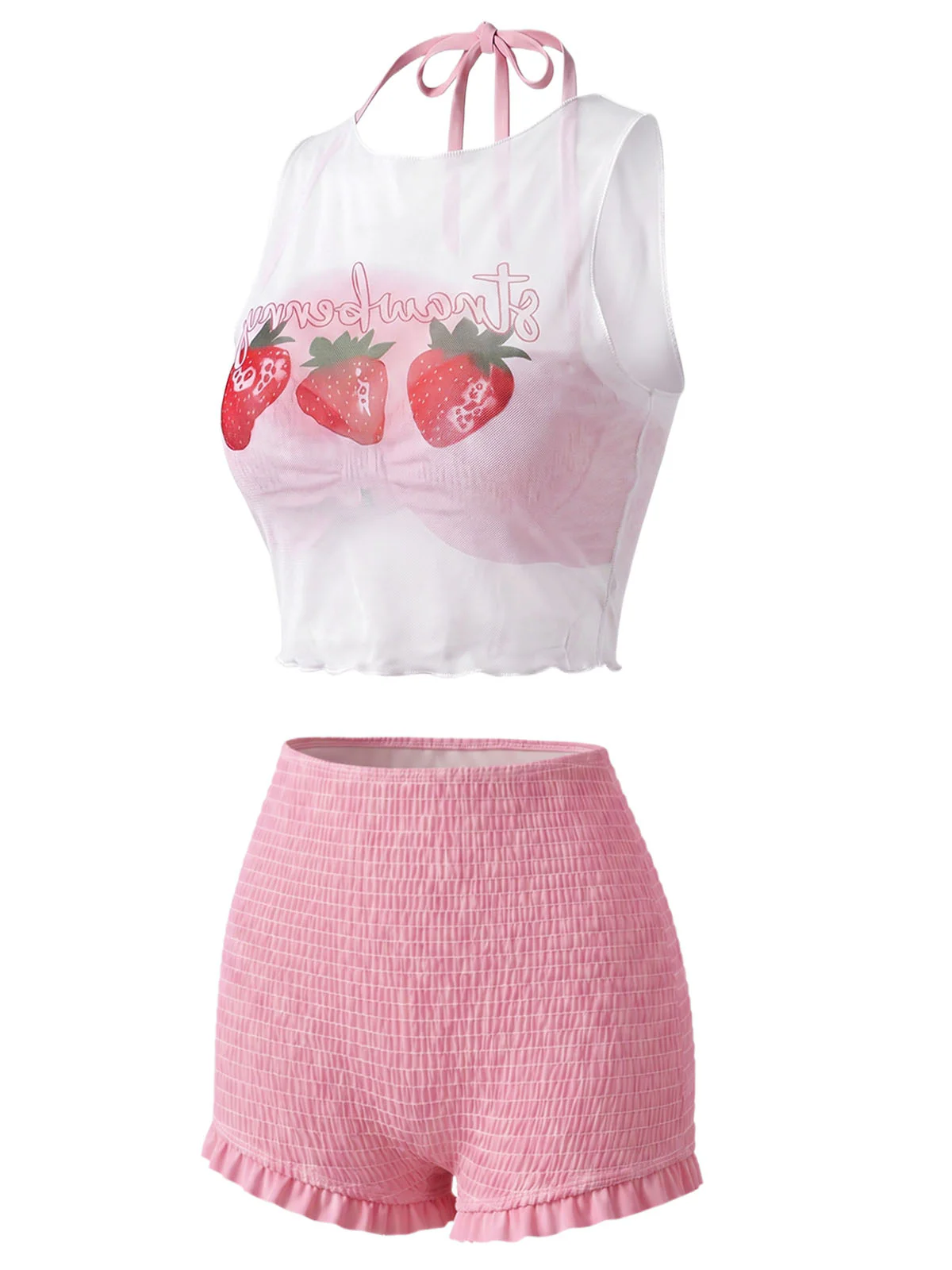 Pink 1950s Halter Smocked Bikini Set & Strawberry Cover Top - Image 2