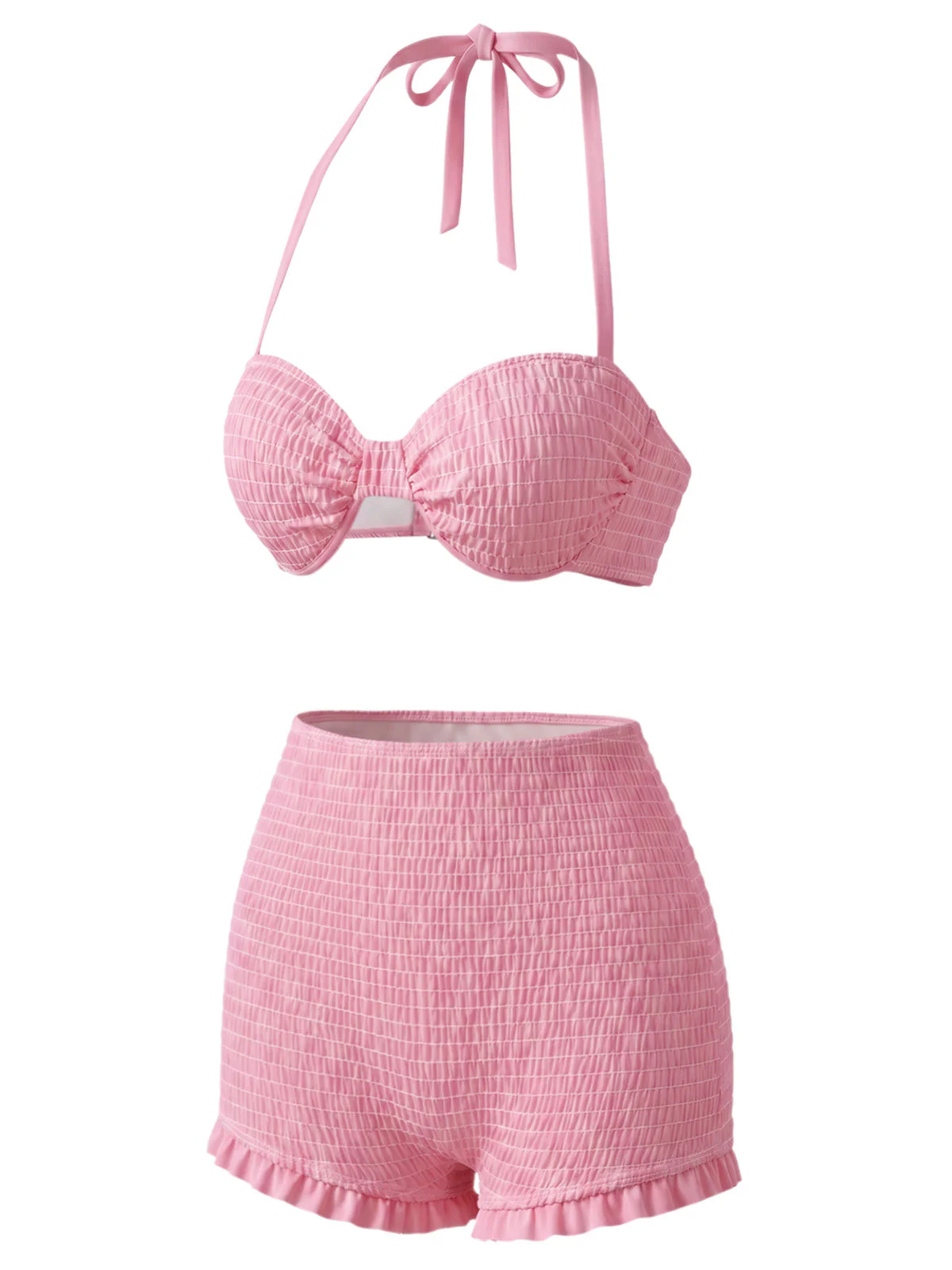 Pink 1950s Halter Smocked Bikini Set & Strawberry Cover Top - Image 5
