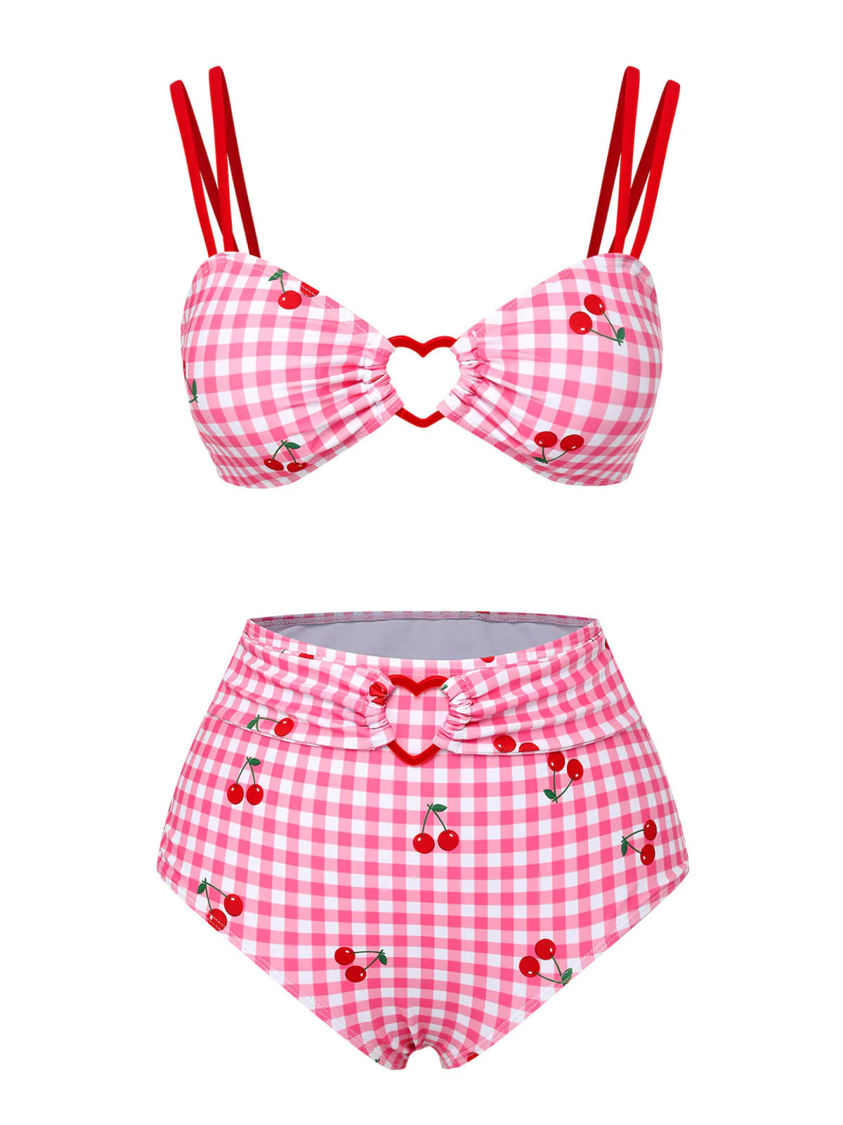 Pink 1950s Plaid & Cherry Strap Swimsuit - Image 2