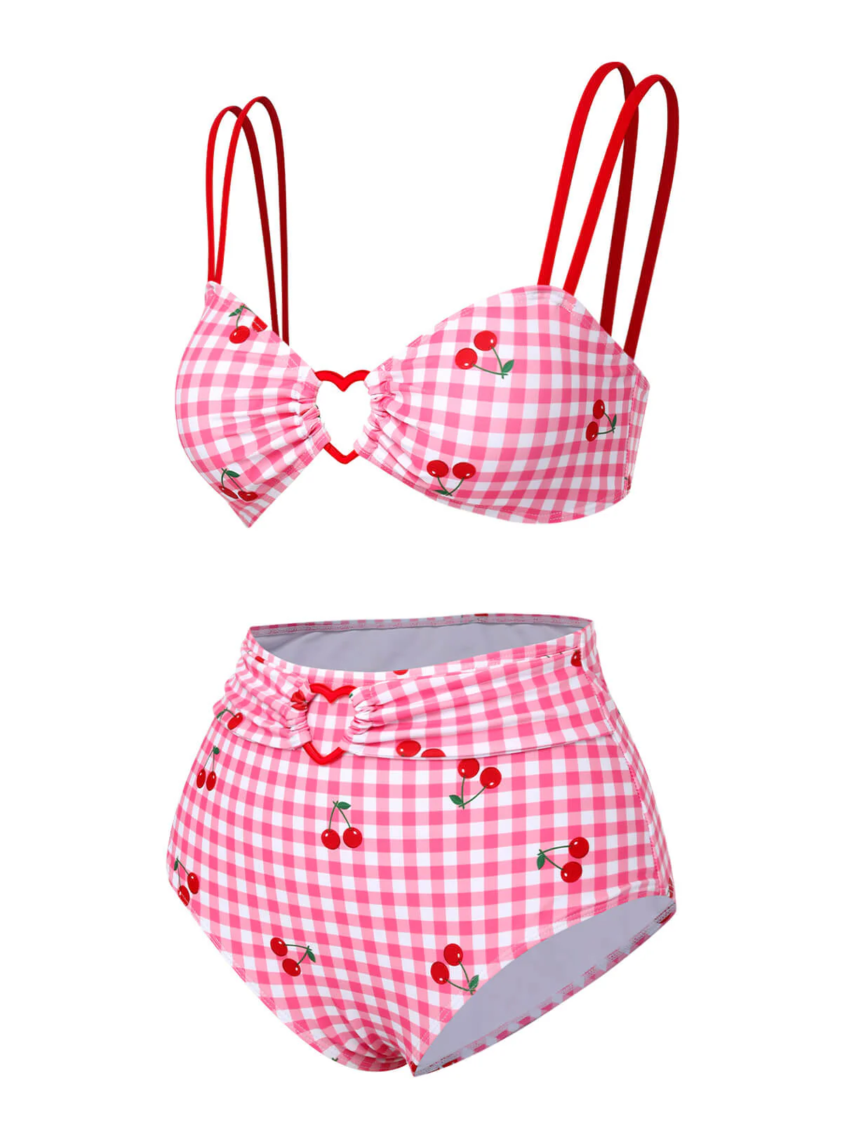 Pink 1950s Plaid & Cherry Strap Swimsuit - Image 3