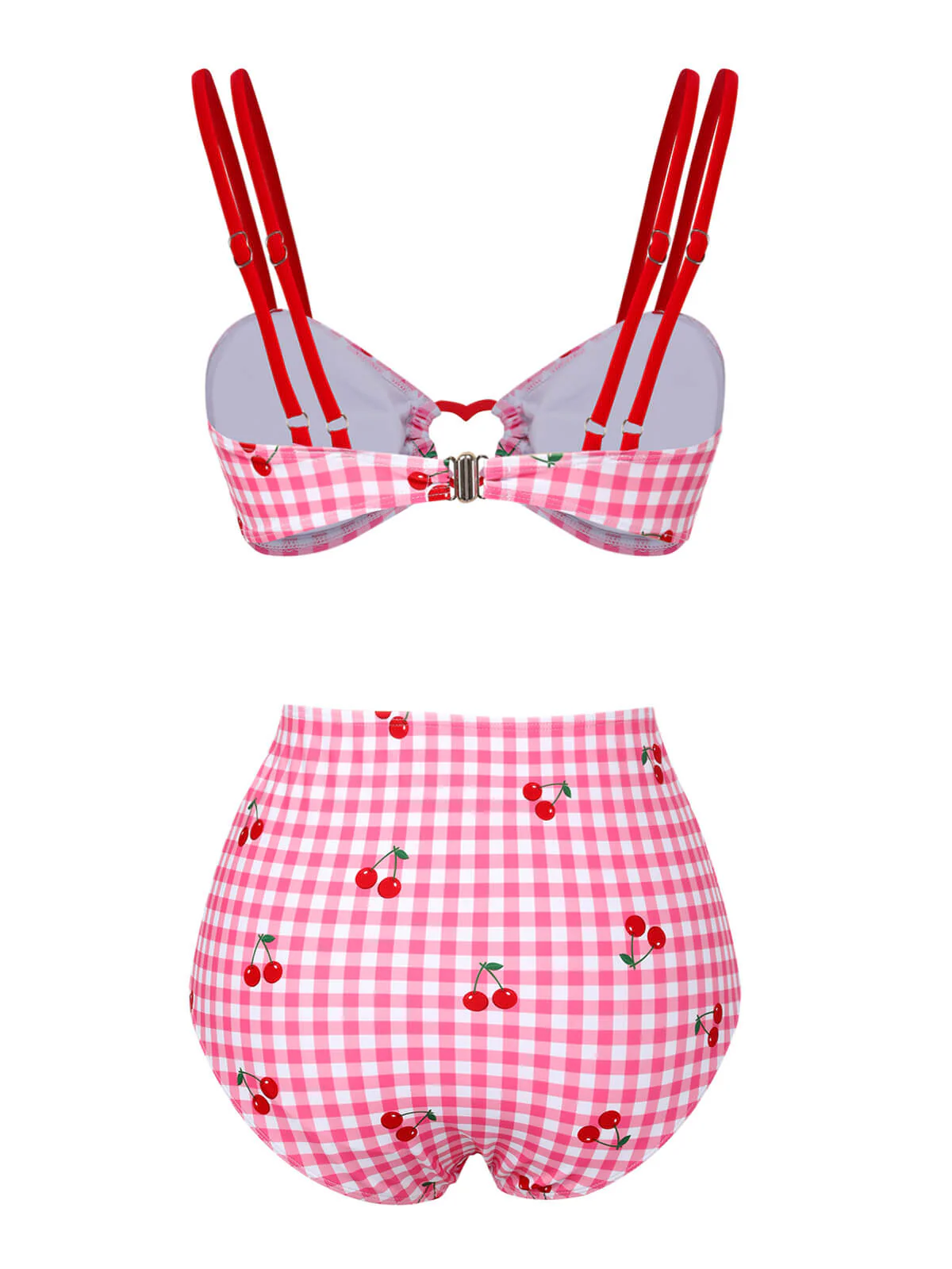 Pink 1950s Plaid & Cherry Strap Swimsuit - Image 4