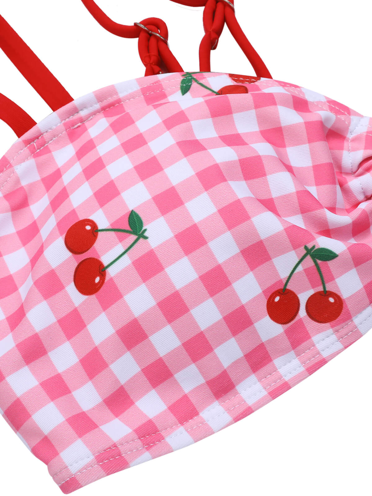 Pink 1950s Plaid & Cherry Strap Swimsuit - Image 5
