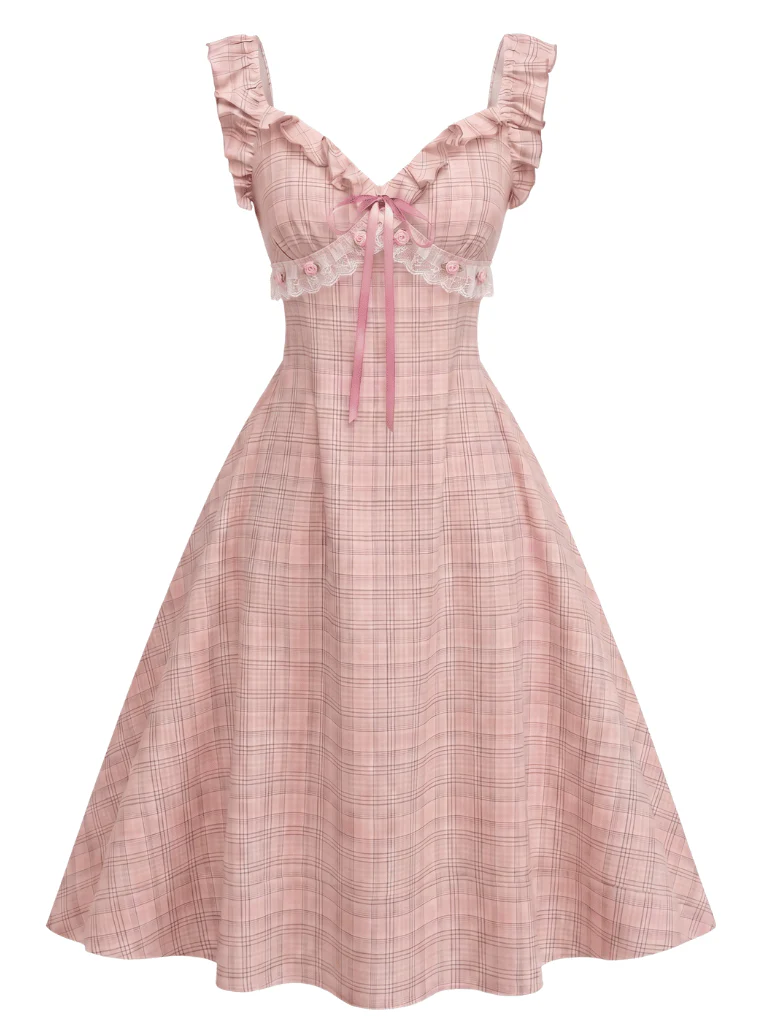 [Pre-Sale] Pink 1950s Plaid Rosette Bow Ruffle Sleeve Dress