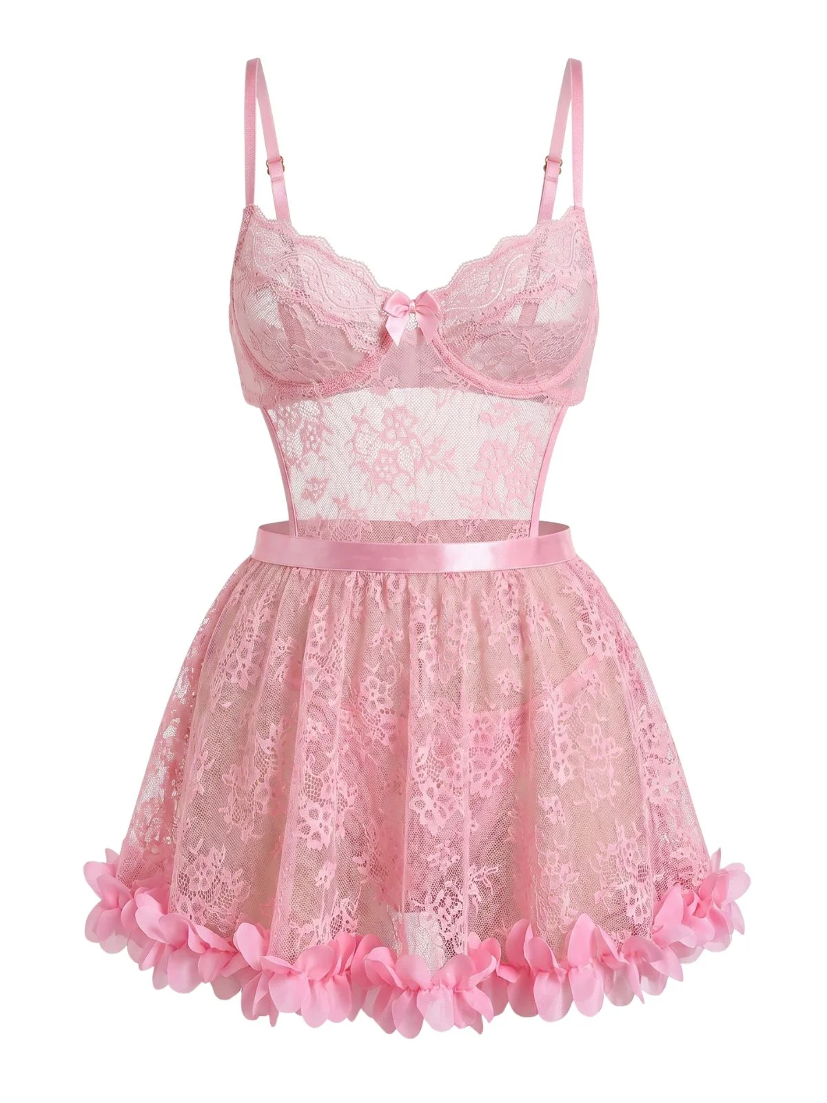 Pink 1950s Sheer Floral Lace 3D Petal Babydoll Lingerie