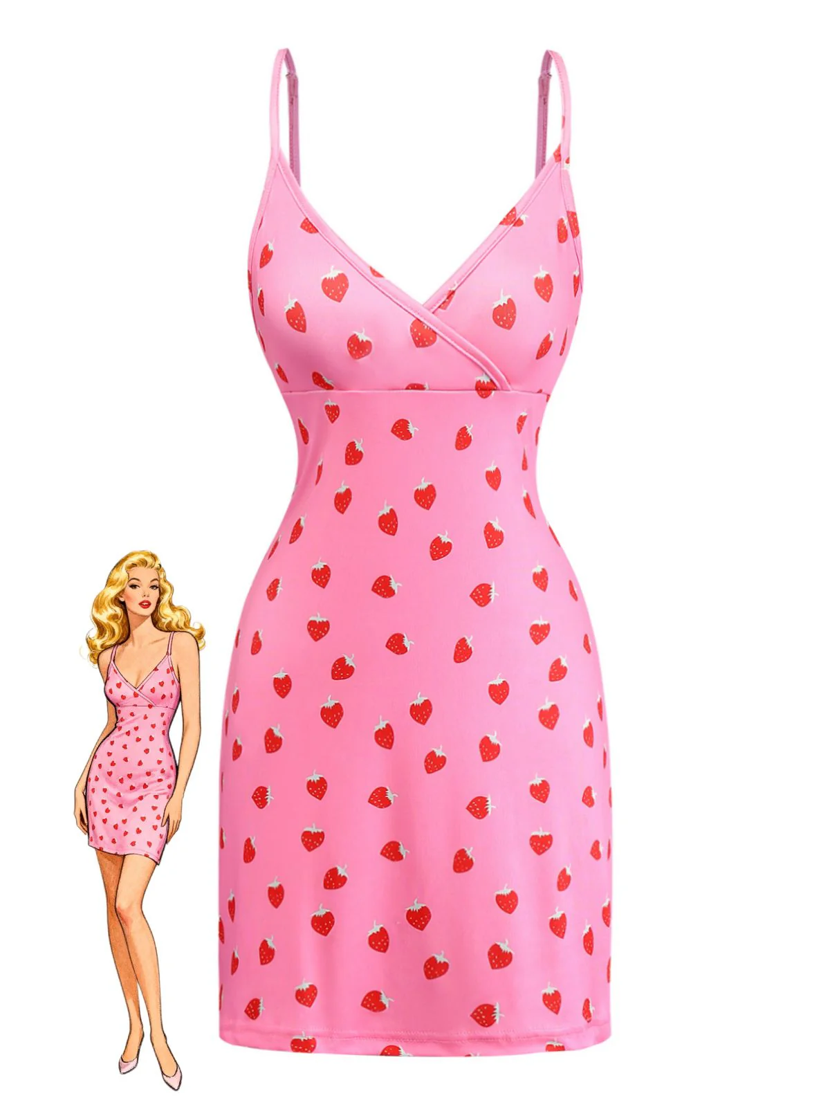 Pink 1960s Strawberry Deep V-Neck Mini Dress