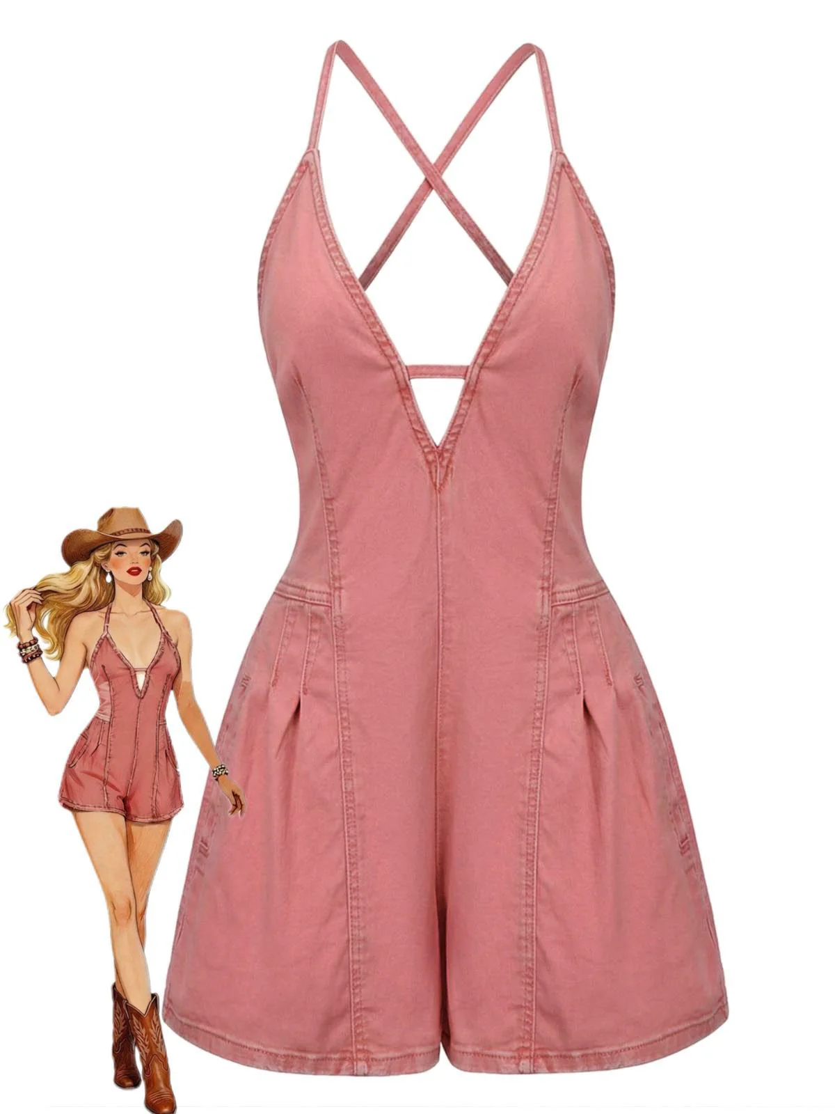 Pink 1960s V-Neck Strap Denim Romper