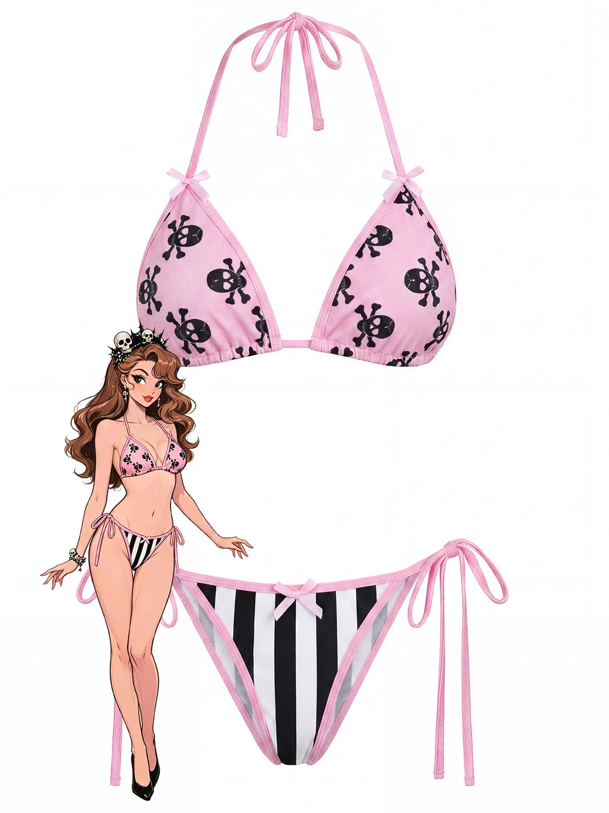 Pink 1980s Gothic Skull Printed Striped Bikini Set