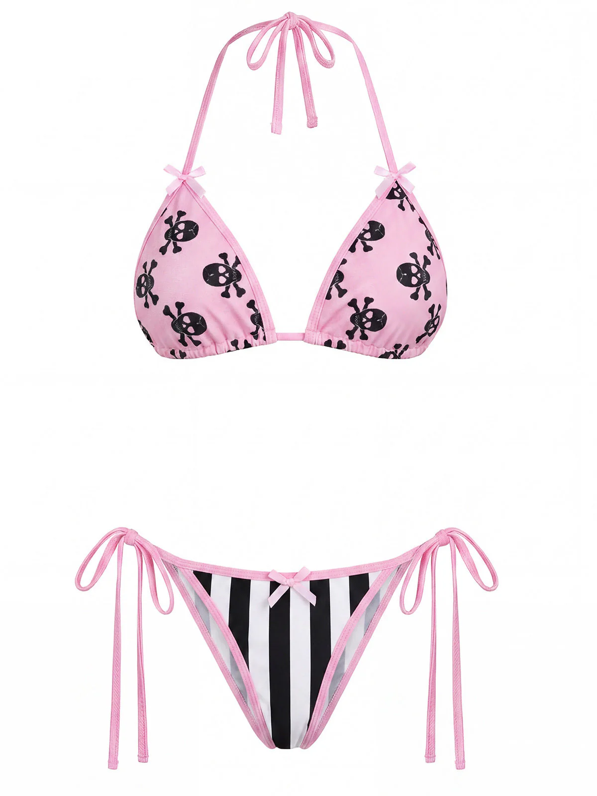 Pink 1980s Gothic Skull Printed Striped Bikini Set - Image 2