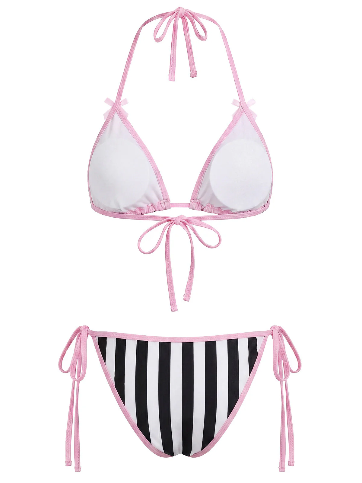 Pink 1980s Gothic Skull Printed Striped Bikini Set - Image 4