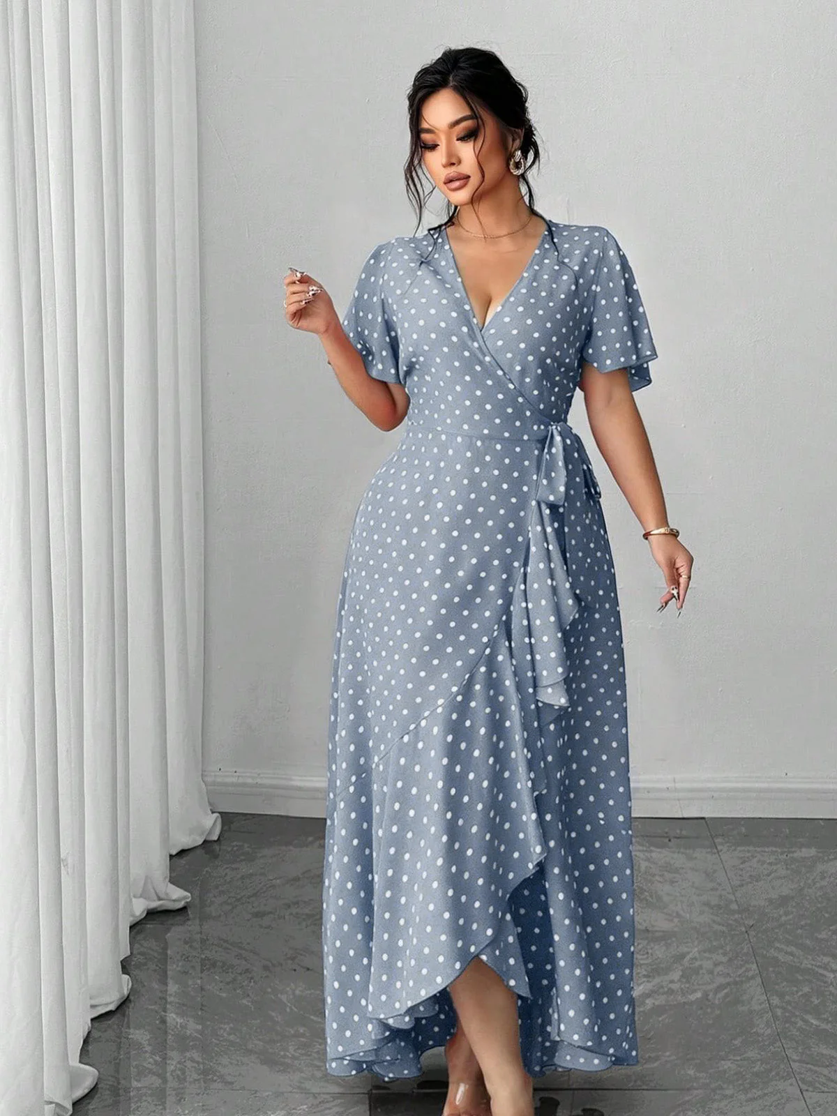[Plus Size] 1940s Polka Dot Wrap V-Neck Ruffle Maxi Dress - Image 4