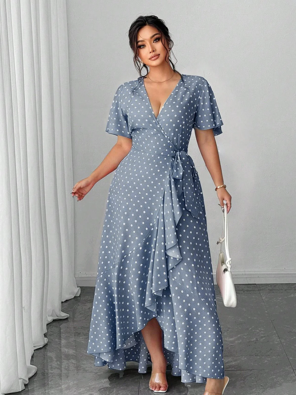[Plus Size] 1940s Polka Dot Wrap V-Neck Ruffle Maxi Dress - Image 7