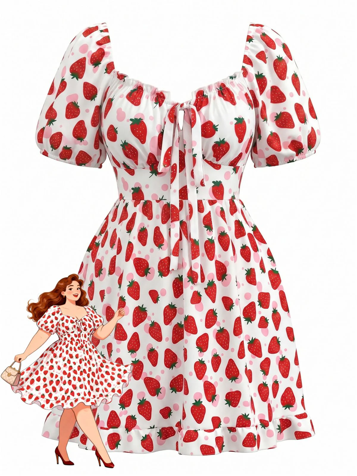 [Plus Size] 1950s Strawberry Puff Sleeve Dress