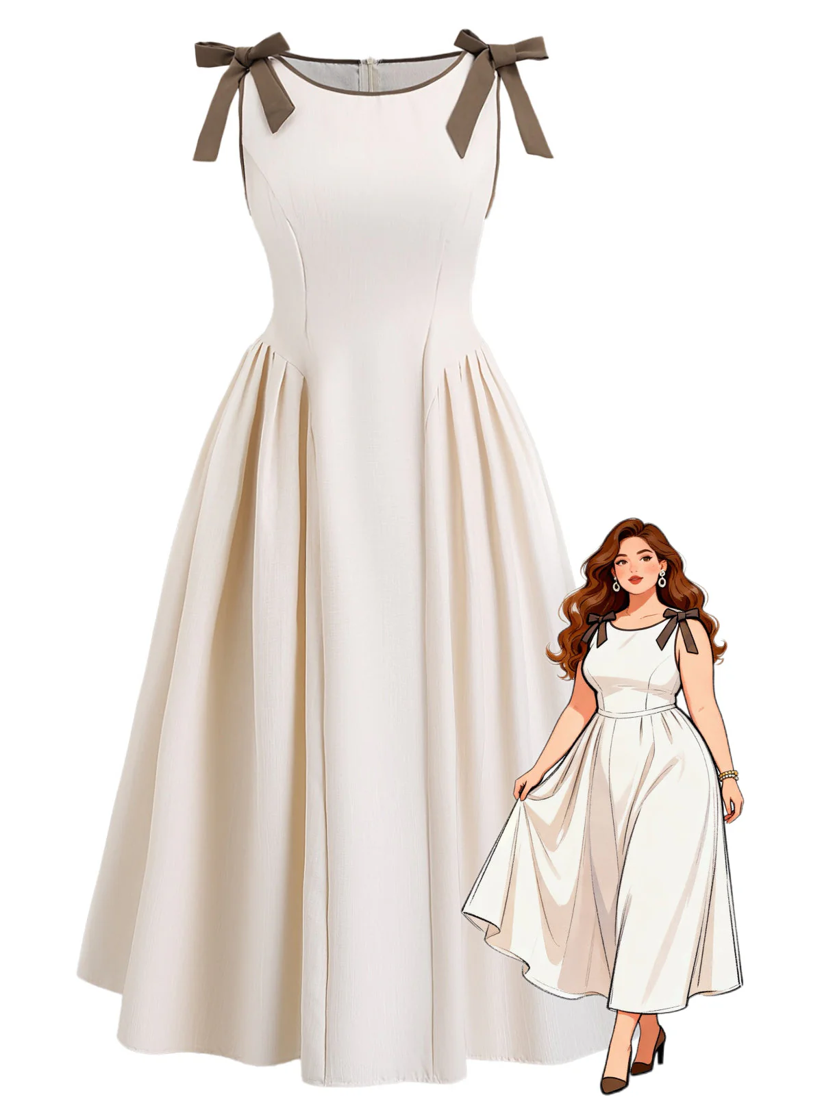 [Plus Size] Beige 1940s Solid Lace-Up Sleeveless Dress