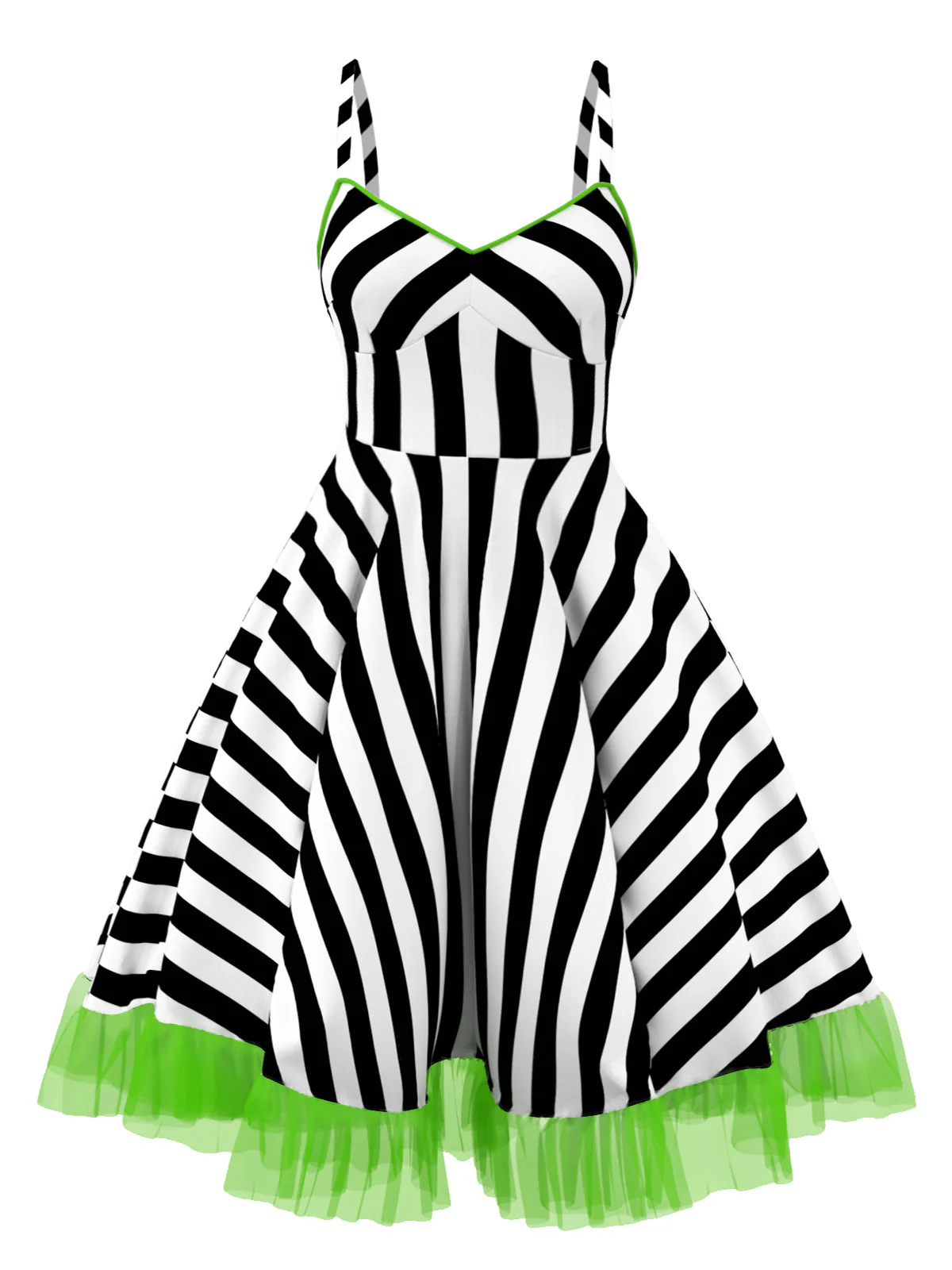 [Plus Size] Black&White 1950s Striped Fluorescent Green Lace Dress - Image 2