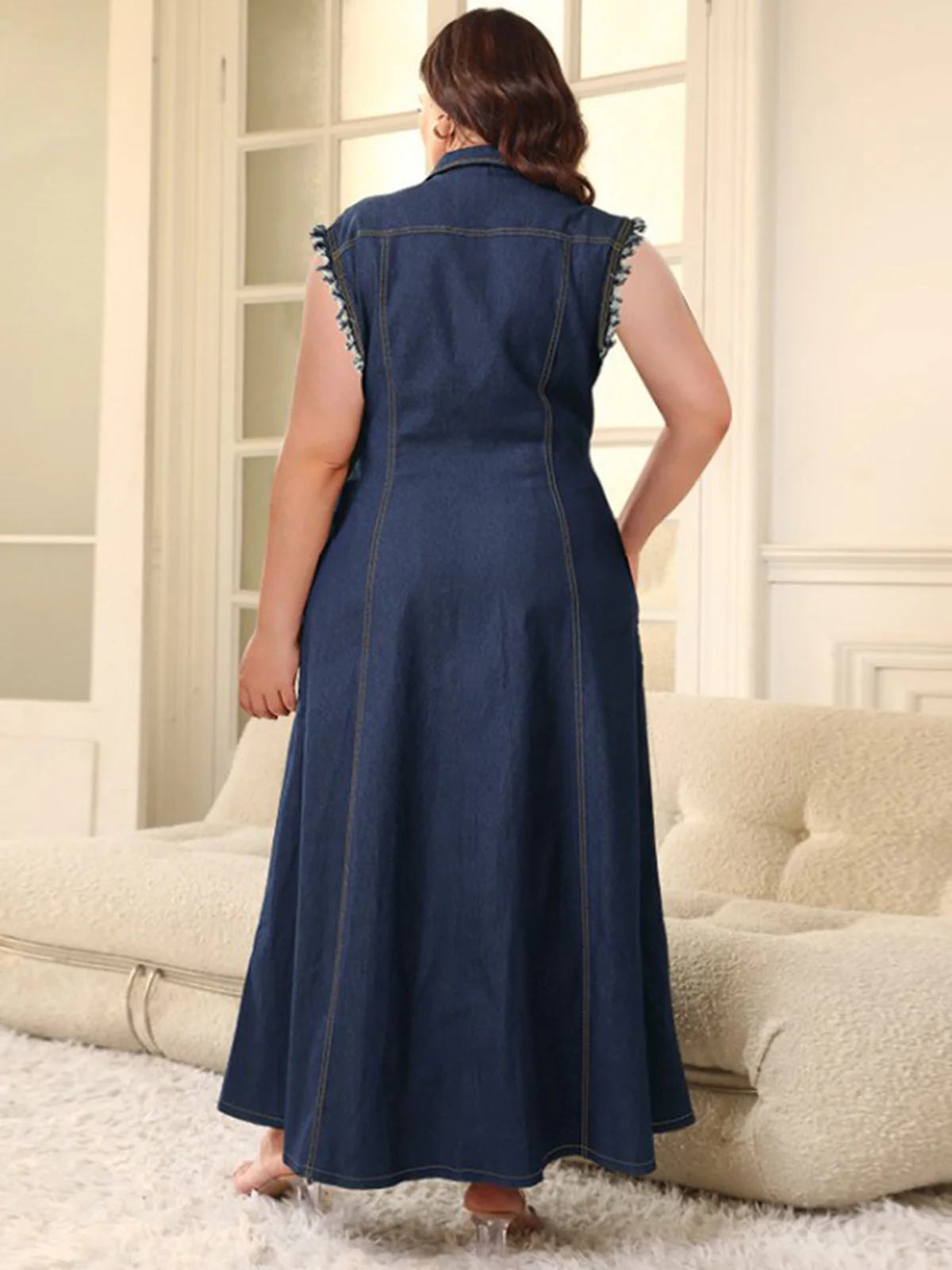 [Plus Size] Deep Blue 1950s Denim Button Front Sleeveless Shirt Midi Dress - Image 3