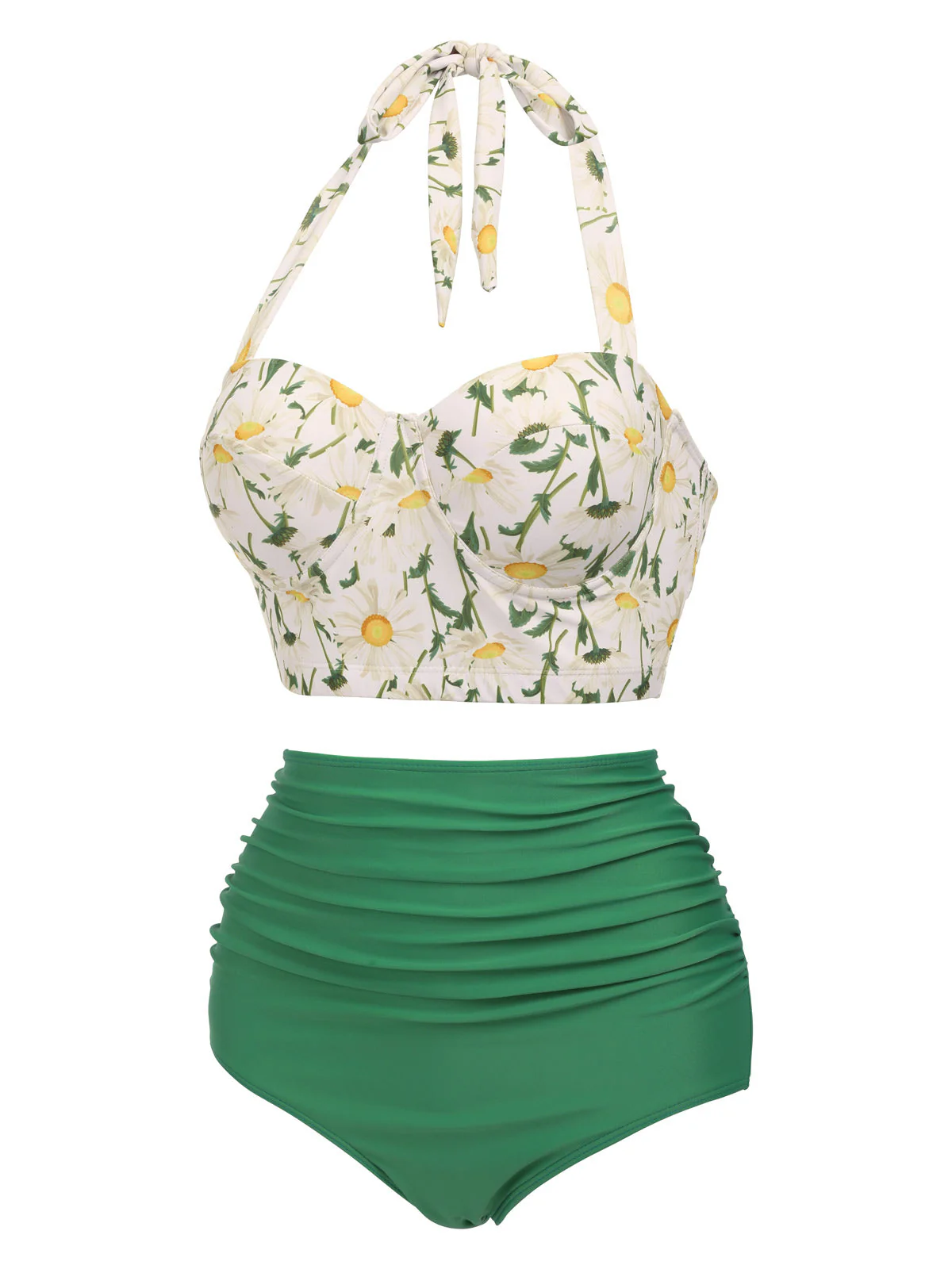 [Plus Size] 1950s Floral Halter Lace-up Bikini Set - Image 2