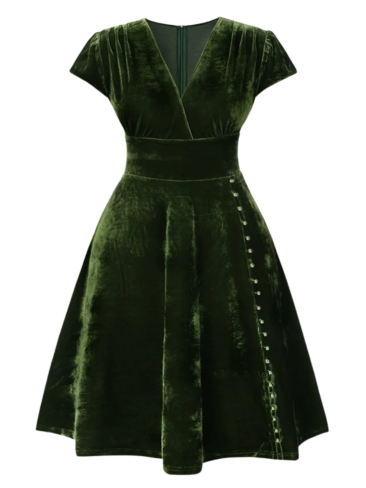 [Plus Size] Green 1940s Deep V-Neck Pearl Velvet Dress