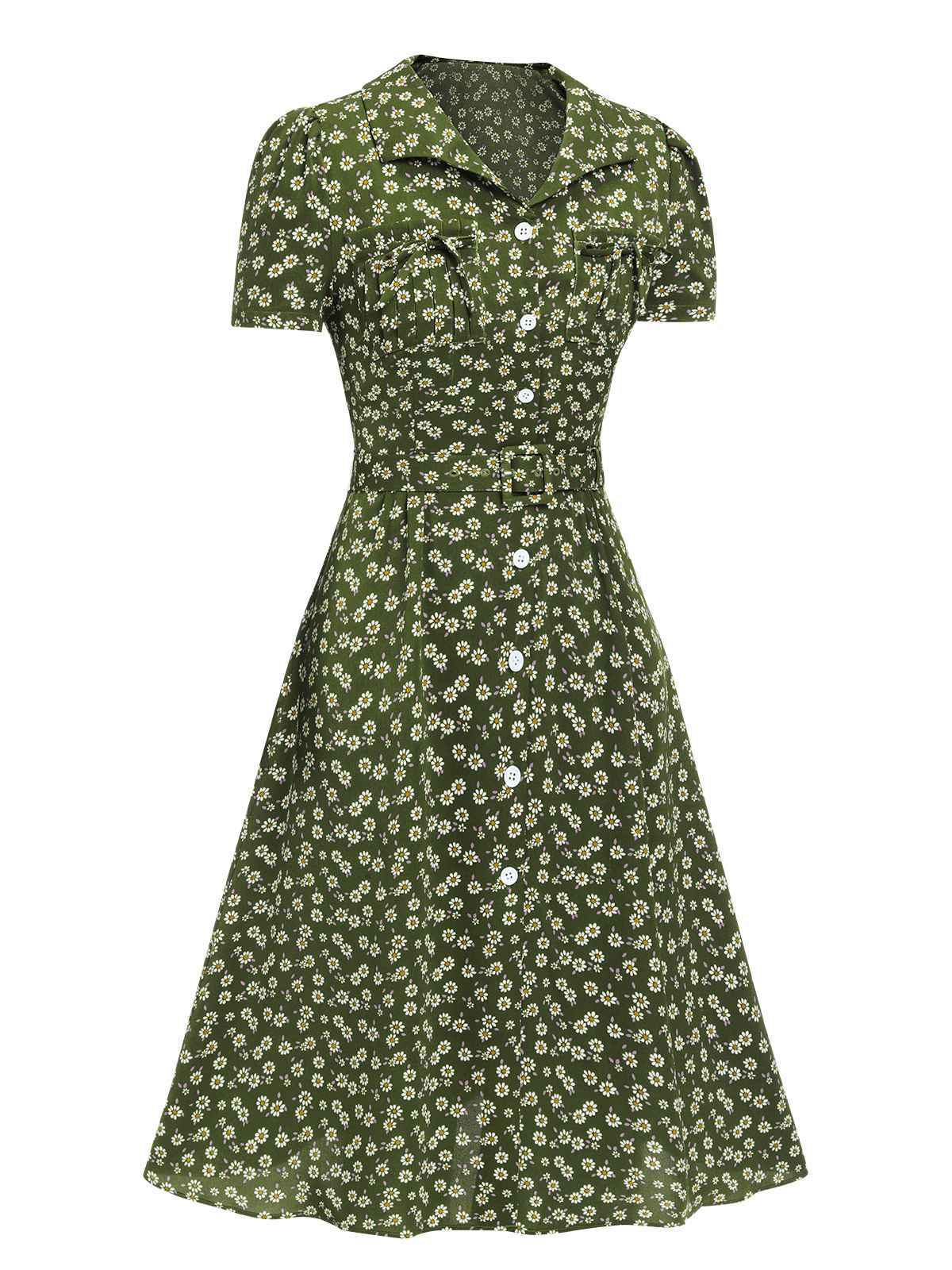 [Pre-Sale] [Plus Size] Green 1940s Lapel Buttons Ditsy Floral Dress - Image 3