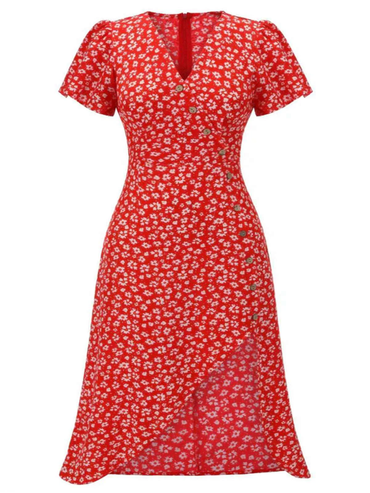 [Plus Size] Red 1940s Floral V-Neck Added Button Dress