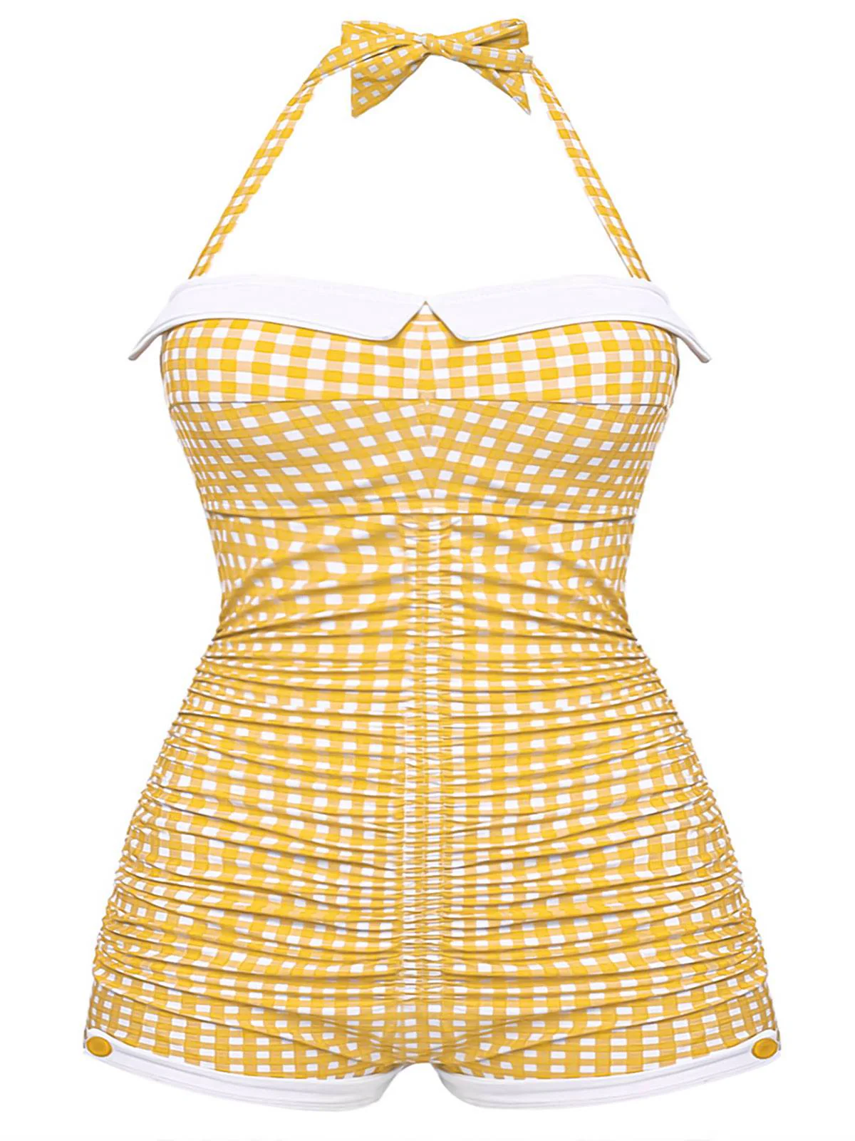 [Plus Size] Yellow 1950s Check Halter Bowknot One-piece Swimsuit