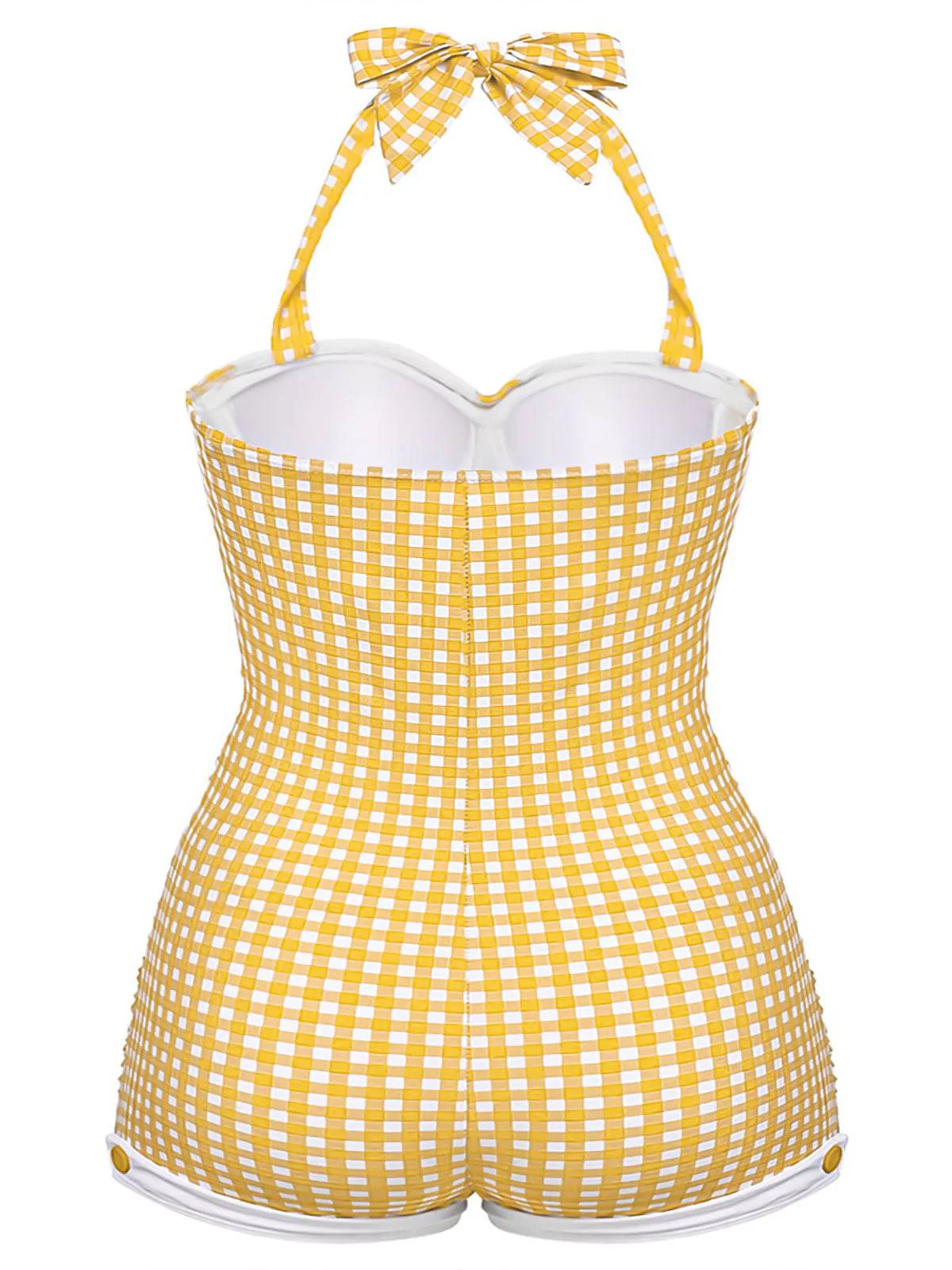 [Plus Size] Yellow 1950s Check Halter Bowknot One-piece Swimsuit - Image 2