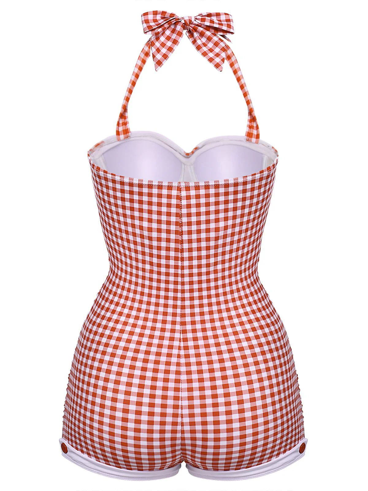 [Plus Size] Yellow 1950s Check Halter Bowknot One-piece Swimsuit - Image 4