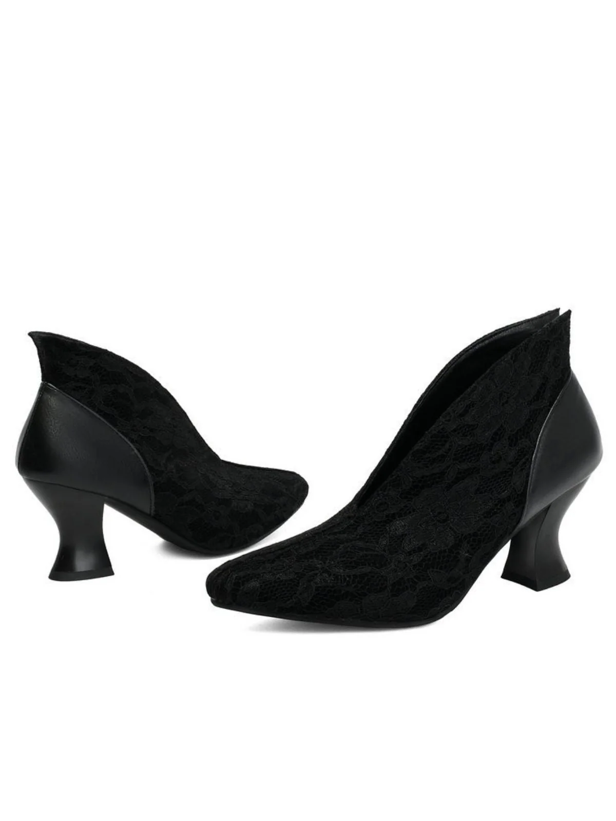 Pointed Toe V-Cut Vamp Lace Kitten Heel Pumps - Image 4