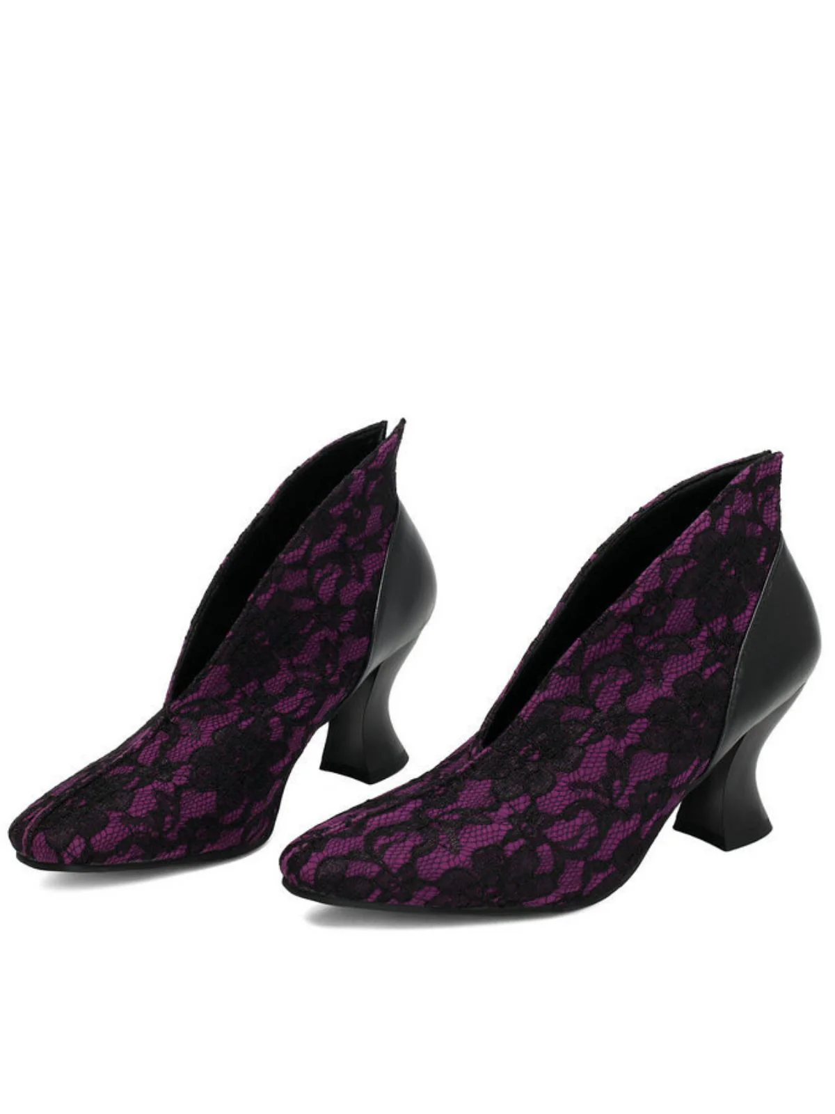 Pointed Toe V-Cut Vamp Lace Kitten Heel Pumps - Image 9