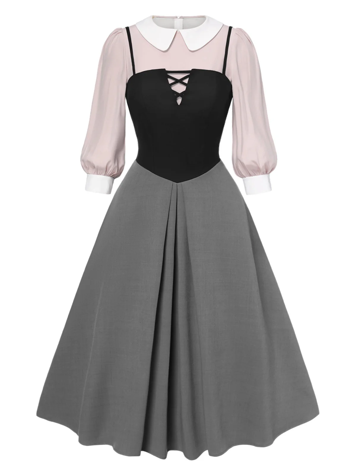 [Pre-Sale] 2PCS 1940s Colorblock Pink Blouse & Gray Dress - Image 2