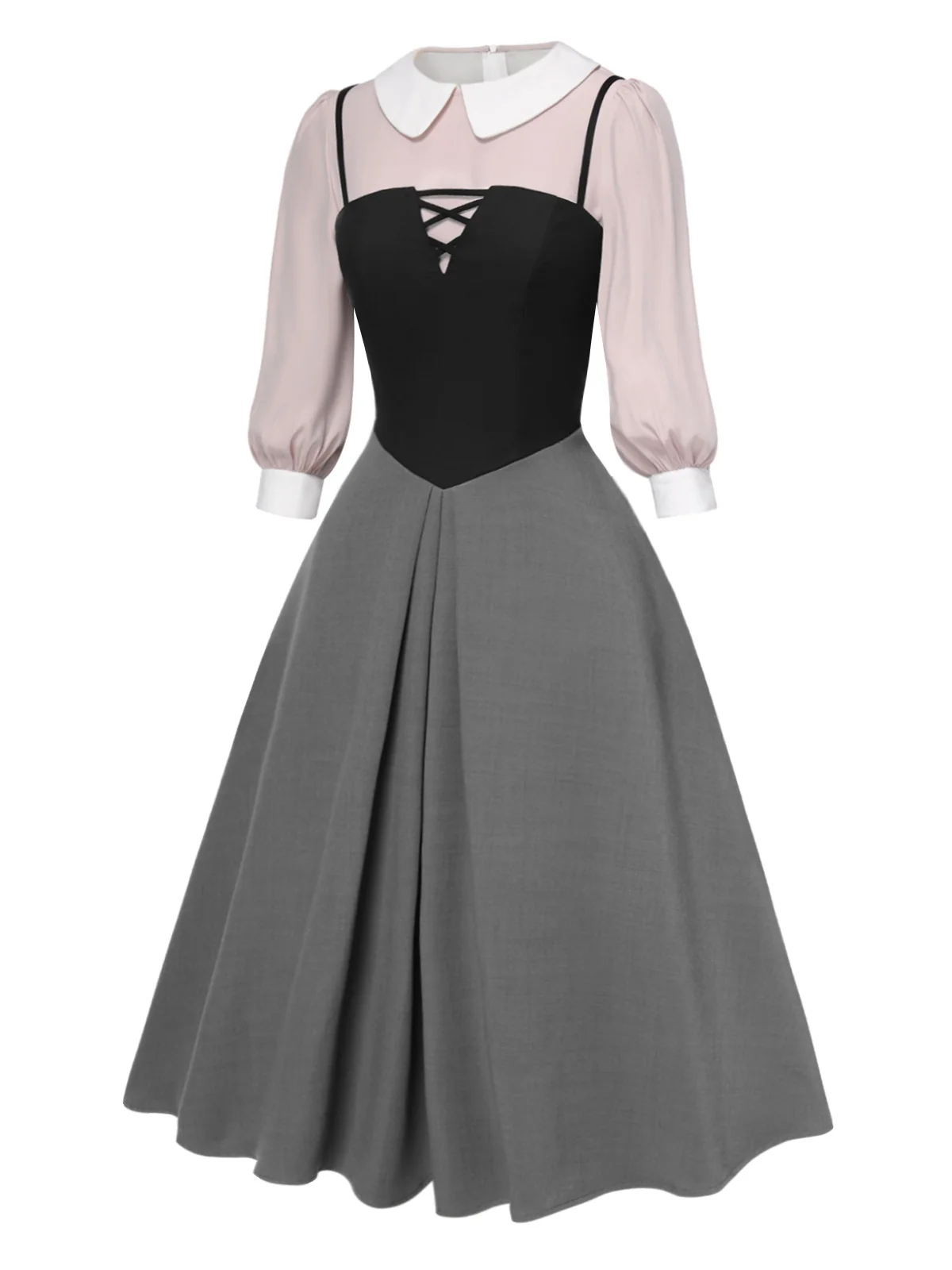 [Pre-Sale] 2PCS 1940s Colorblock Pink Blouse & Gray Dress - Image 3