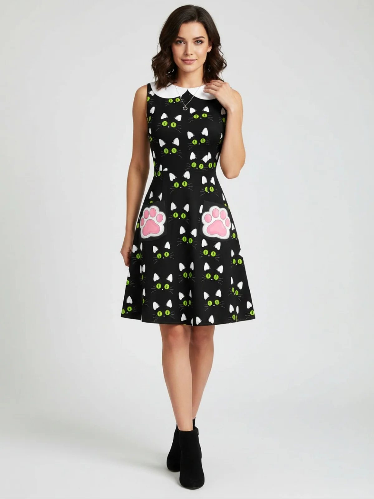 [Pre-Sale] Black 1960s Cat Print Paw Pockets Dress