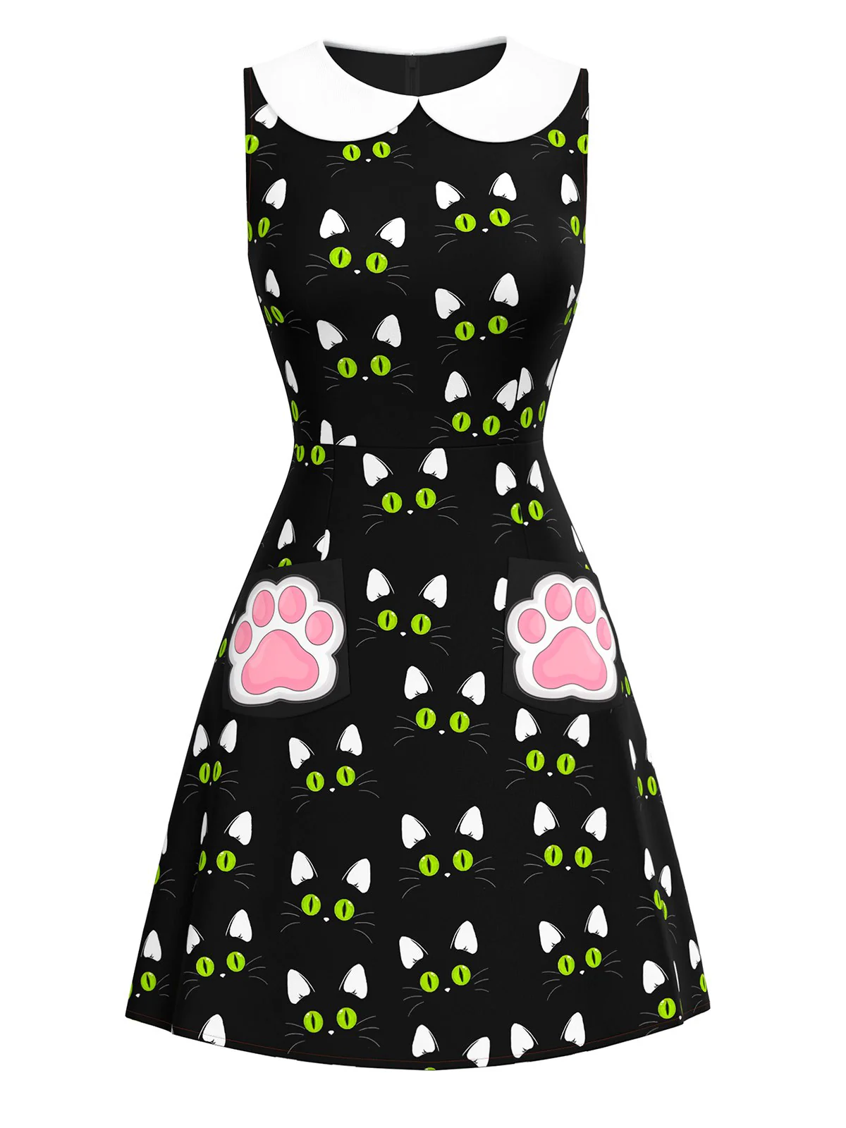 [Pre-Sale] Black 1960s Cat Print Paw Pockets Dress - Image 2