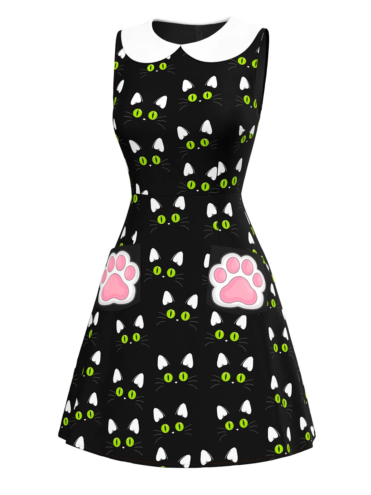 [Pre-Sale] Black 1960s Cat Print Paw Pockets Dress - Image 3