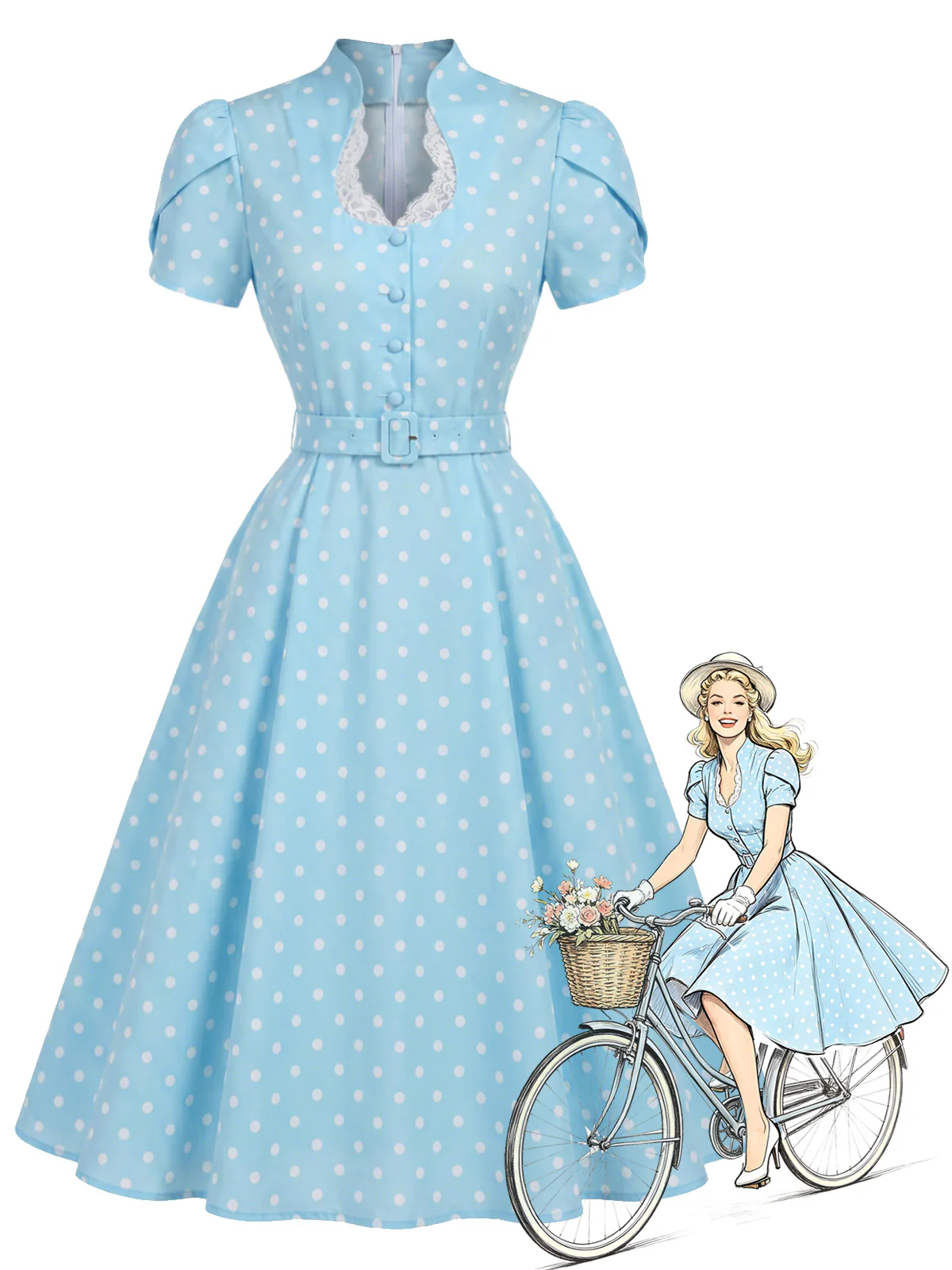 [Pre-Sale] Blue 1950s Polka Dot Keyhole Tulip Sleeve Belted Dress - Image 2
