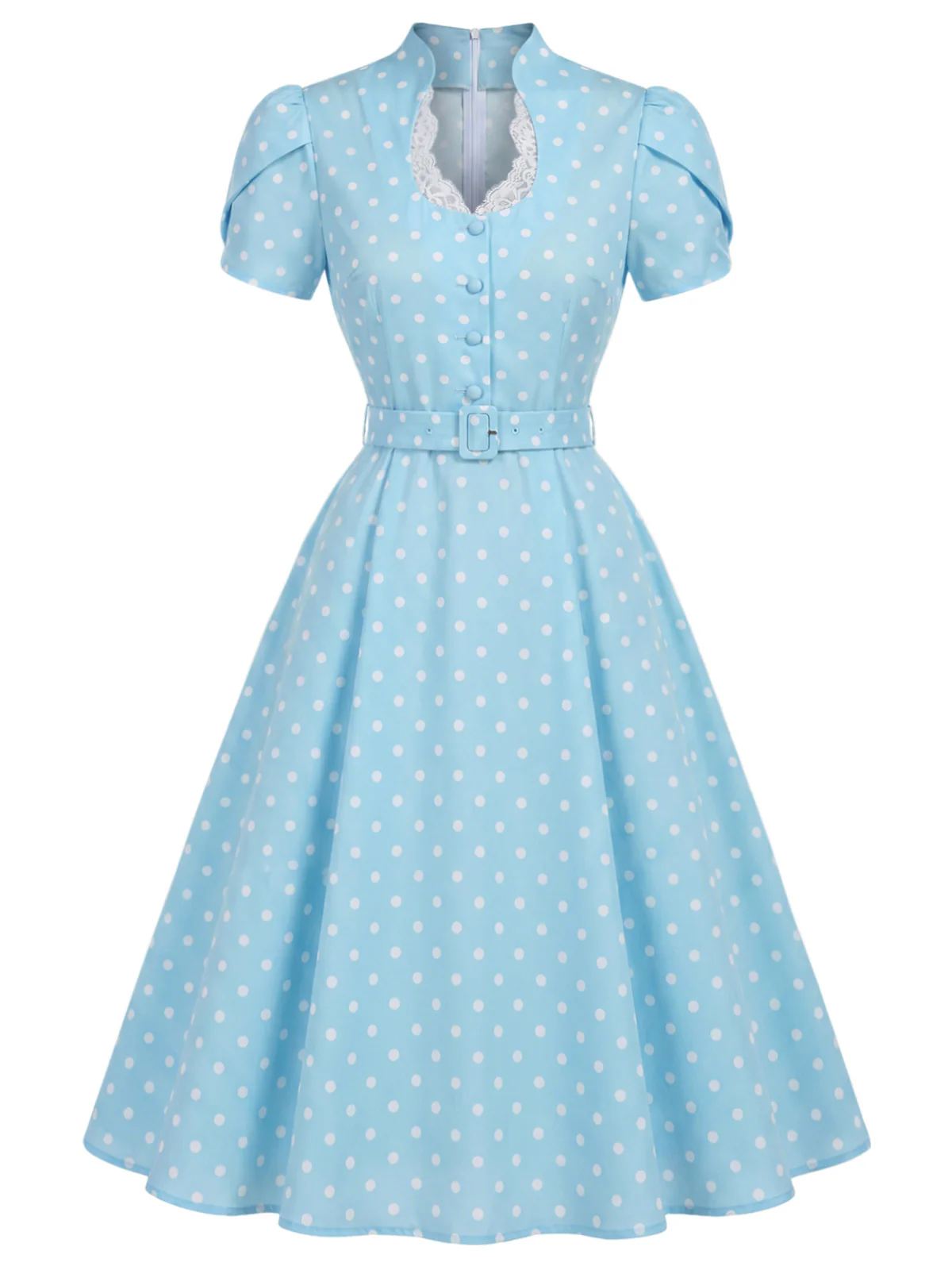 [Pre-Sale] Blue 1950s Polka Dot Keyhole Tulip Sleeve Belted Dress - Image 3