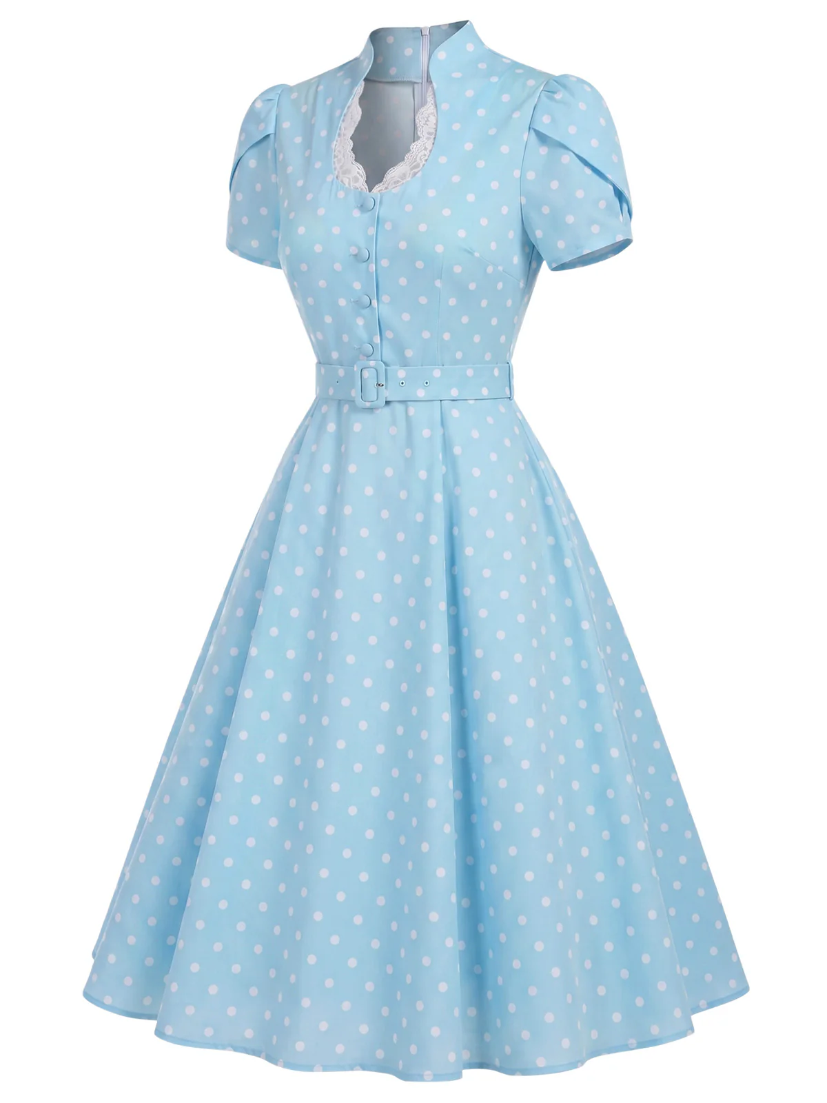 [Pre-Sale] Blue 1950s Polka Dot Keyhole Tulip Sleeve Belted Dress - Image 4