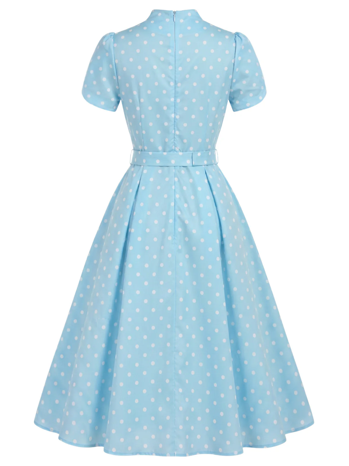 [Pre-Sale] Blue 1950s Polka Dot Keyhole Tulip Sleeve Belted Dress - Image 5
