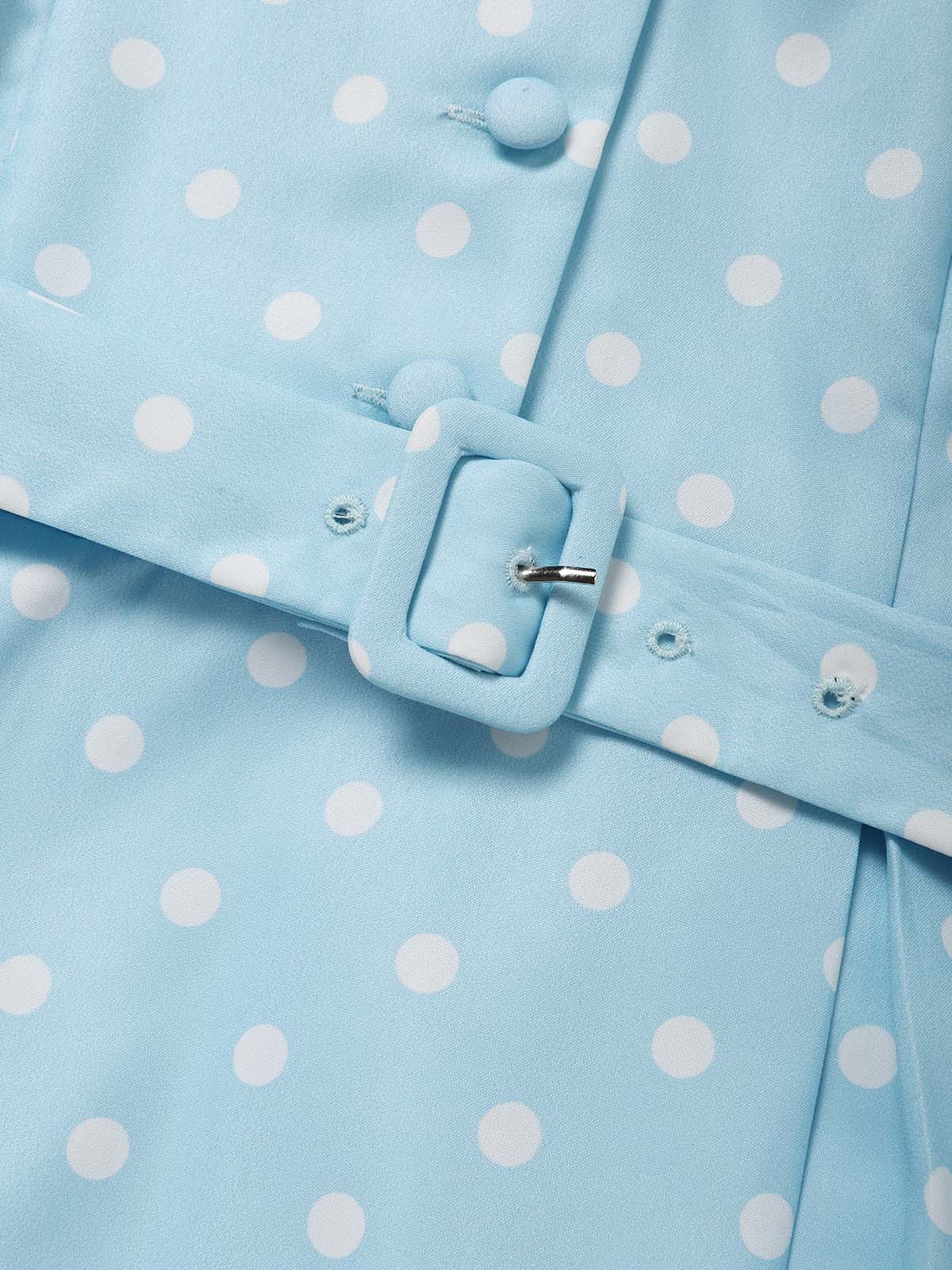 [Pre-Sale] Blue 1950s Polka Dot Keyhole Tulip Sleeve Belted Dress - Image 7