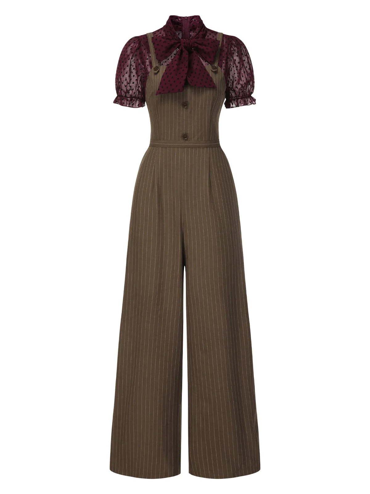 Red 1930s Mesh Patchwork Vertical Stripe Jumpsuit - Image 3