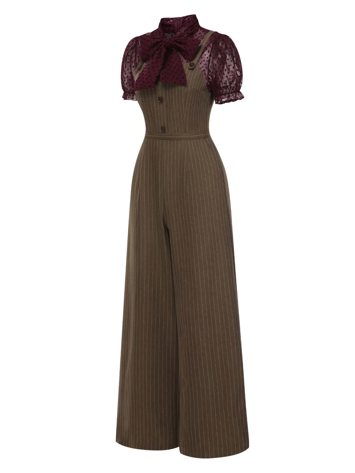 Red 1930s Mesh Patchwork Vertical Stripe Jumpsuit - Image 4