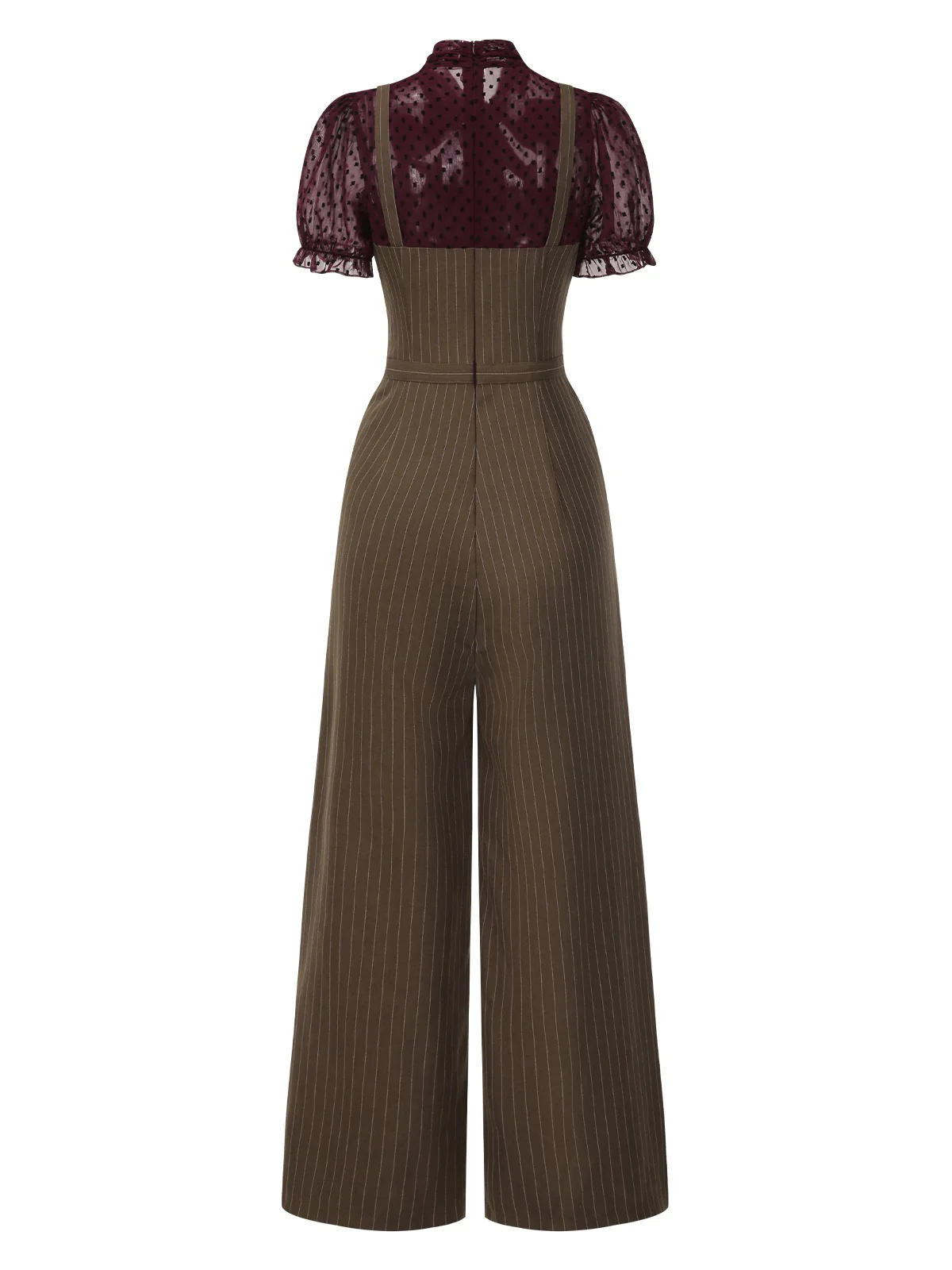Red 1930s Mesh Patchwork Vertical Stripe Jumpsuit - Image 5