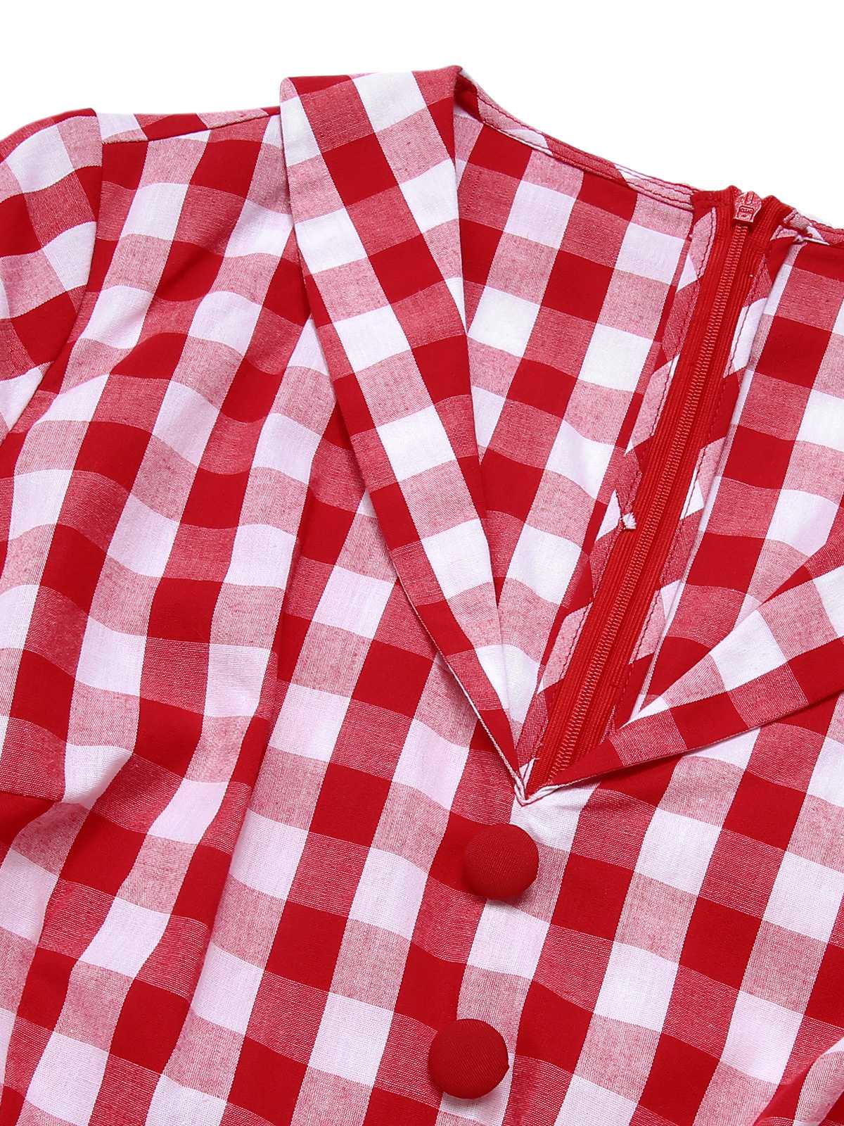 Red 1940s Lapel Plaids Belted Romper - Image 5