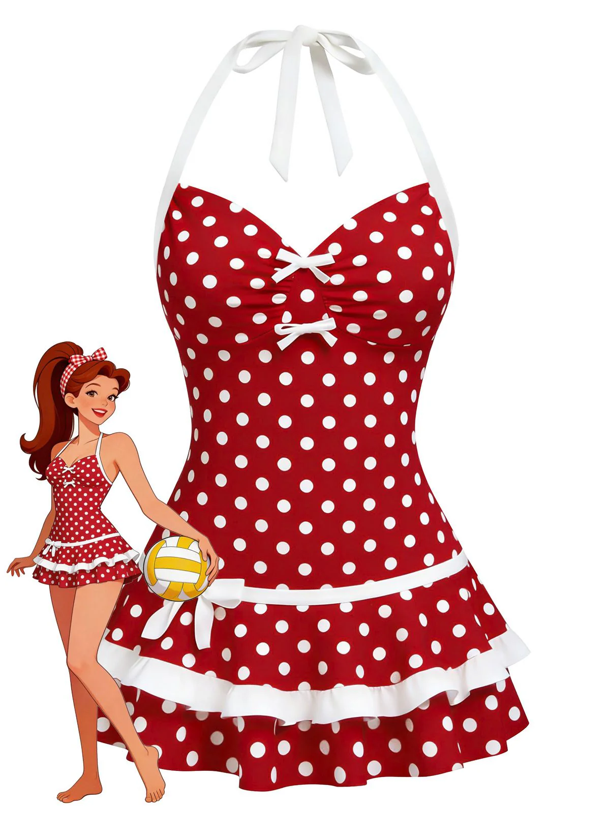 Blue 1940s Halter Bow Polka Dot Swim Dress - Image 7