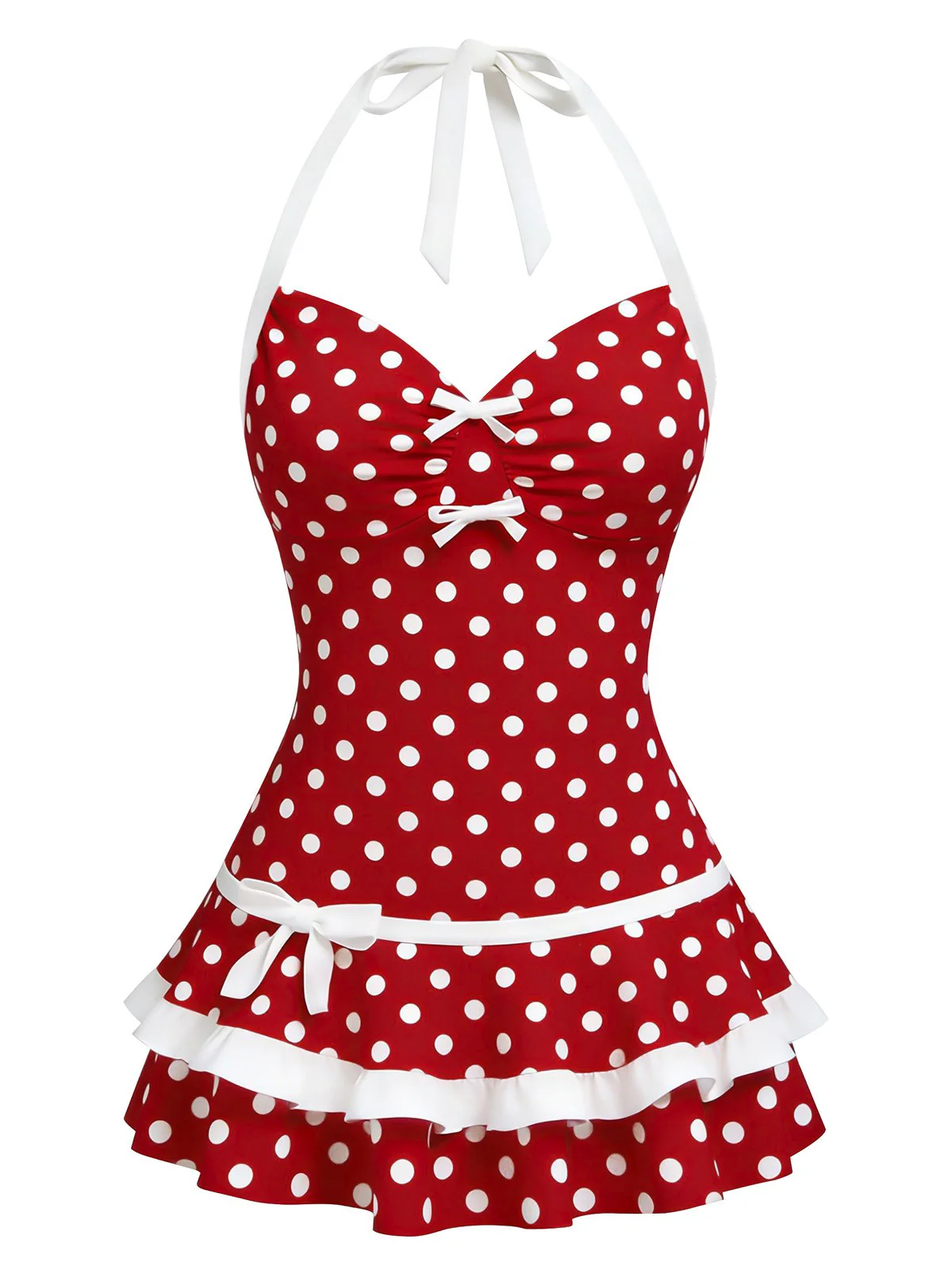 Blue 1940s Halter Bow Polka Dot Swim Dress - Image 9