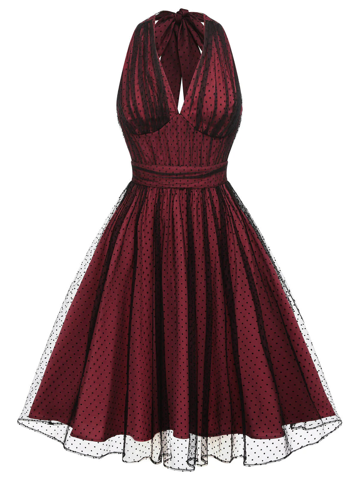 Red 1950s Dots Mesh Swing Dress - Image 3
