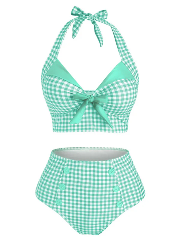 Black 1950s Gingham Halter Bowknot Bikini Set - Image 4